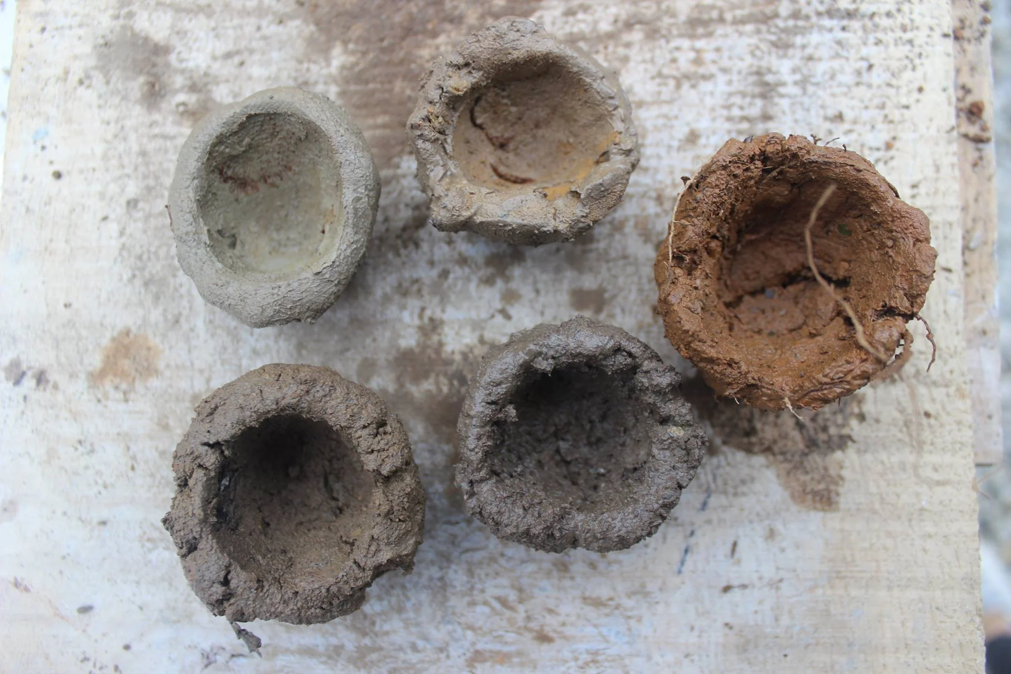 Five small clay or mud pots, weathered and broken, arranged on a rough wooden surface.