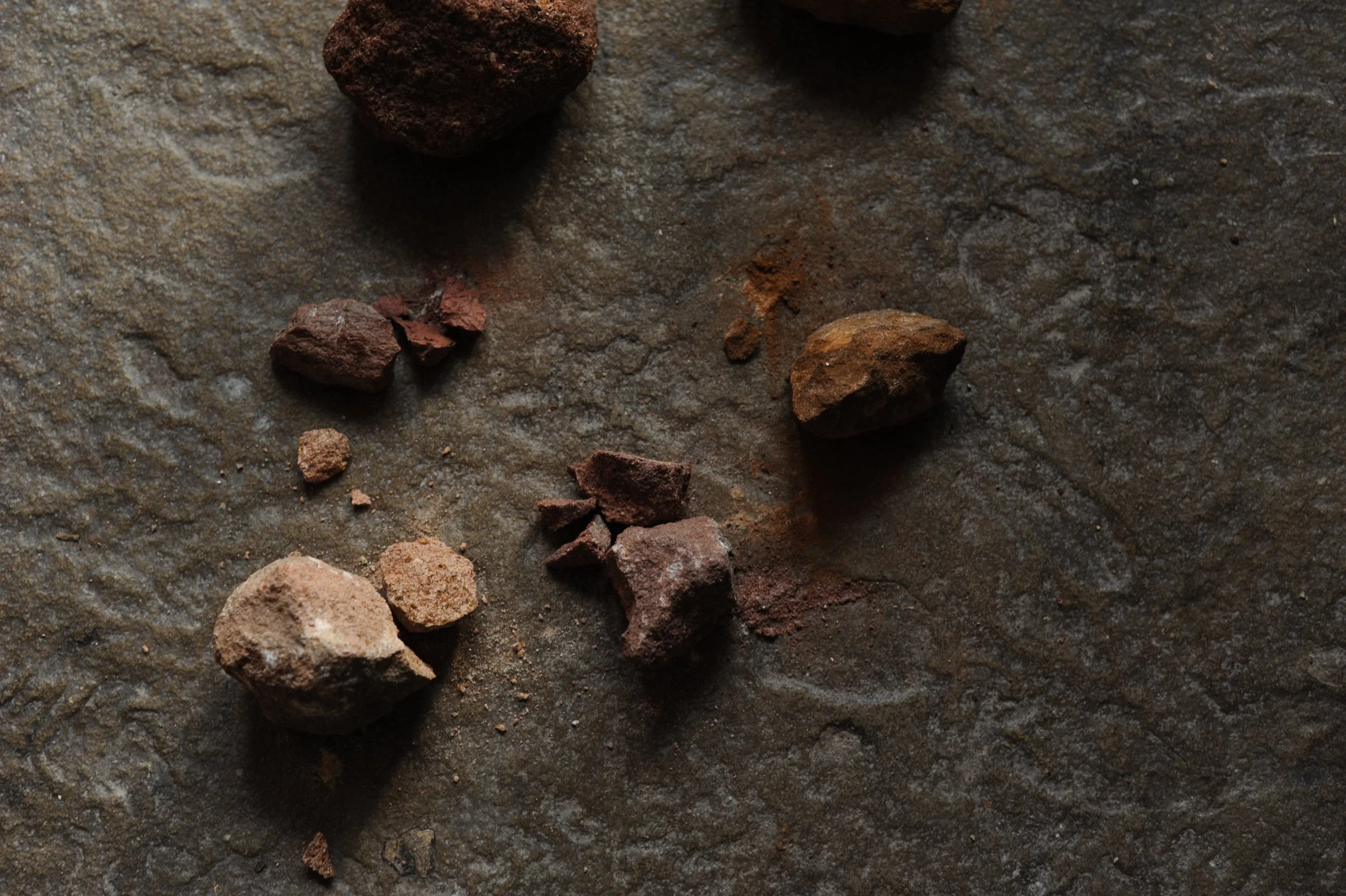 Various small rocks and pebbles on a rough, dark stone surface.