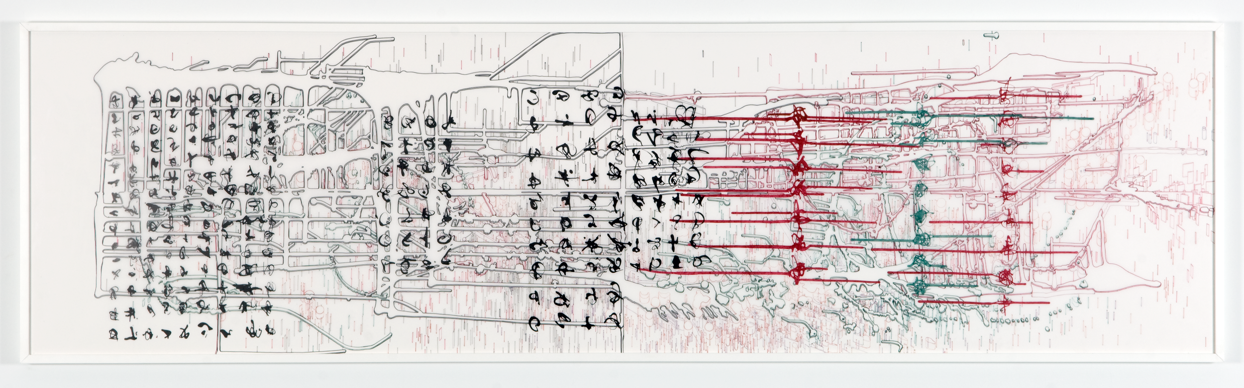 DATA STREAMING WITH AN ALIEN SPECIES, ink on Mylar, 92” x 26” (2013)