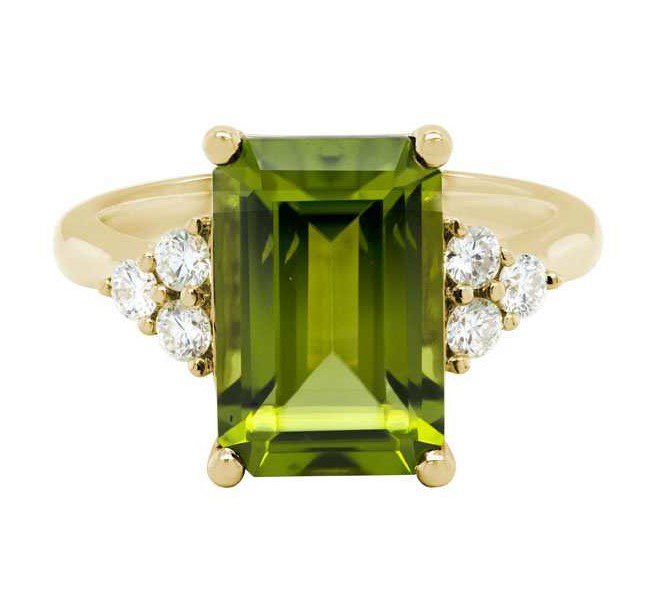 4.71 Carat Emerald-Cut Peridot with Diamonds in 14K Yellow Gold