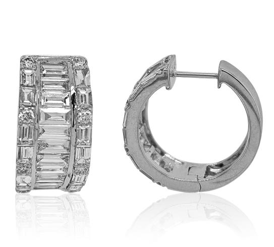 4.14 Carat Baguette and Round Diamond Hoop Earrings in 18K White Gold