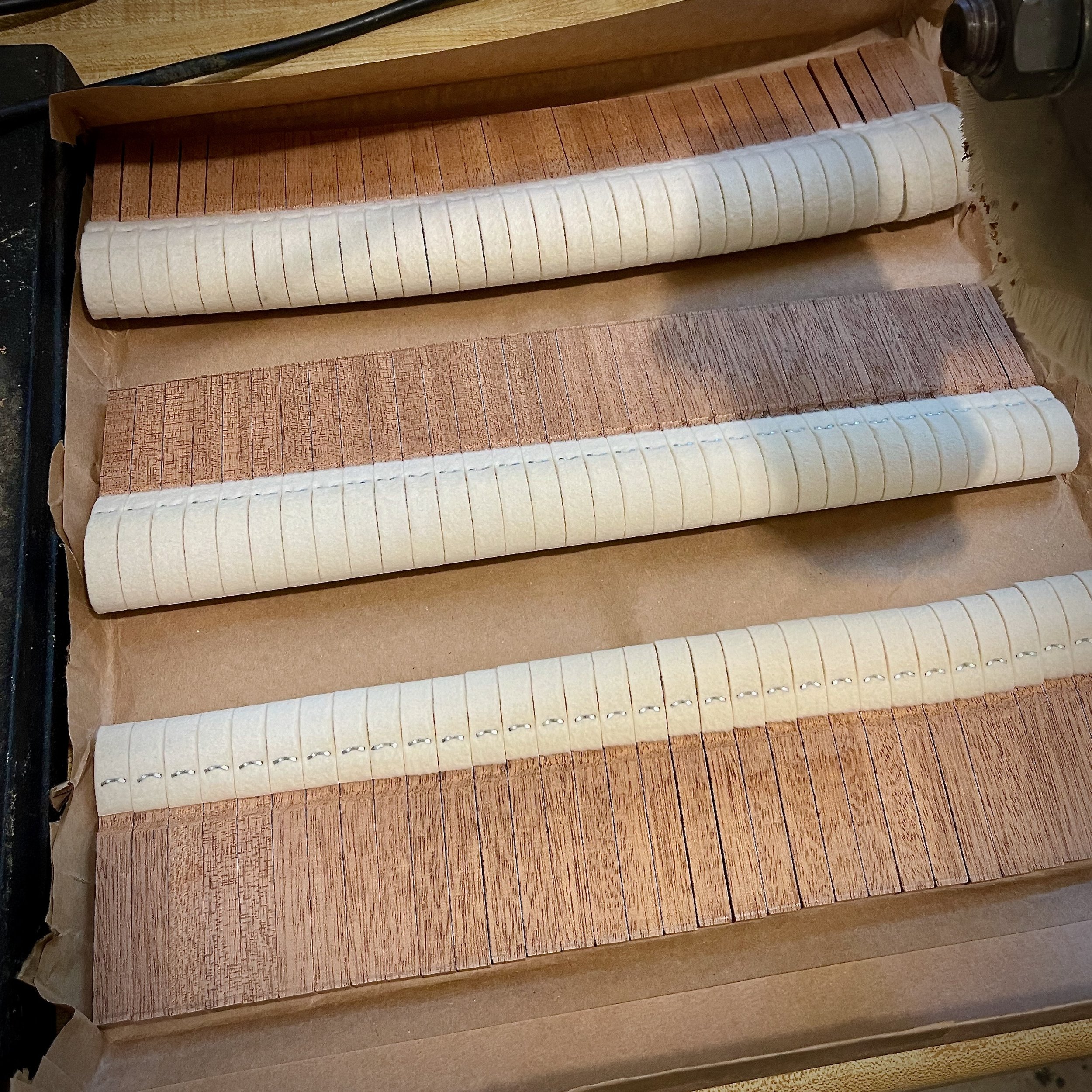 A set of new Abel made grand hammers, not yet customized to match the existing hammers it is replacing.