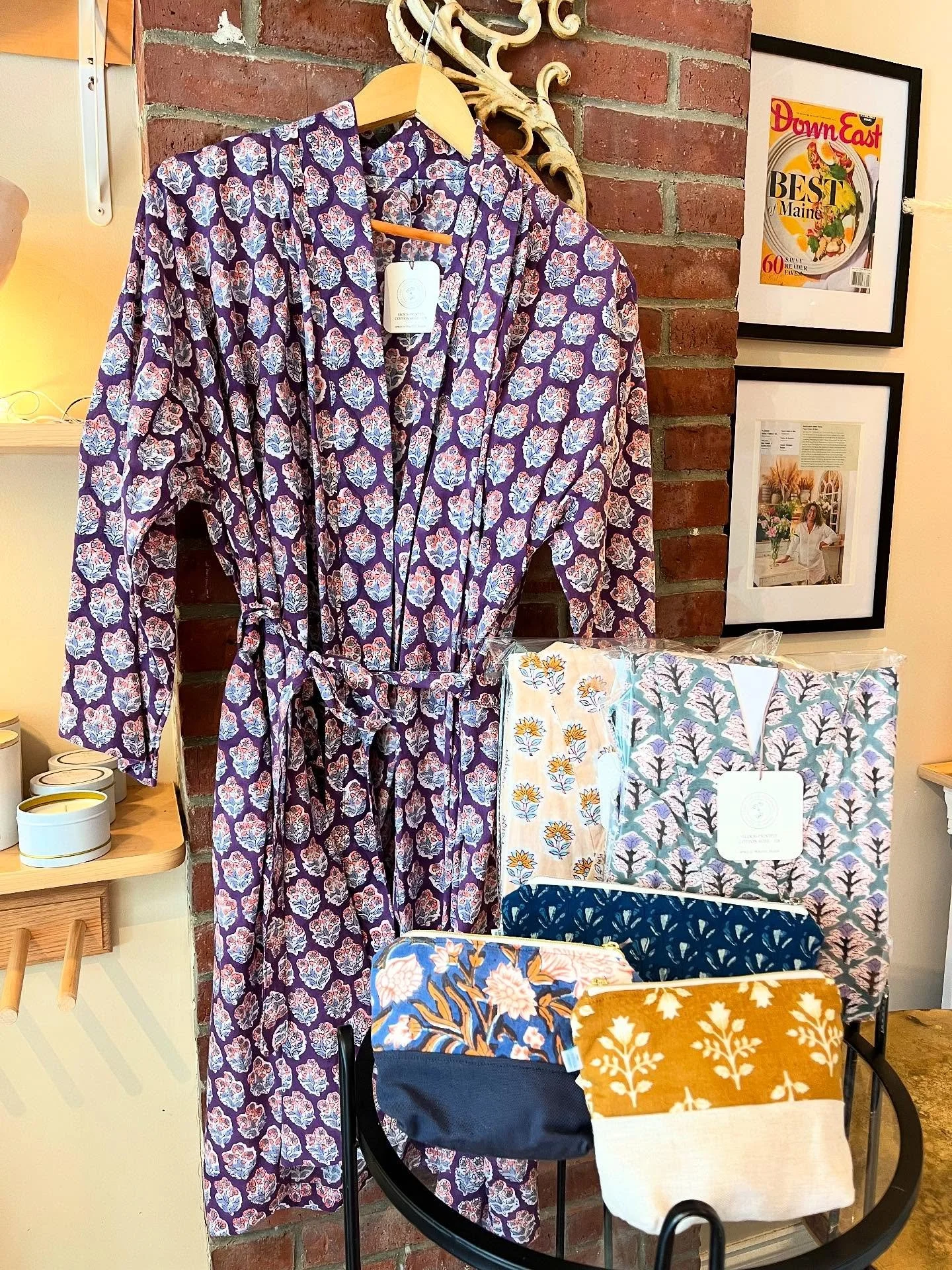 ✨New stockist! @flauraflowersandwine in Thomaston, Maine. Block printed robes, bags, and scrunchies are in stock now