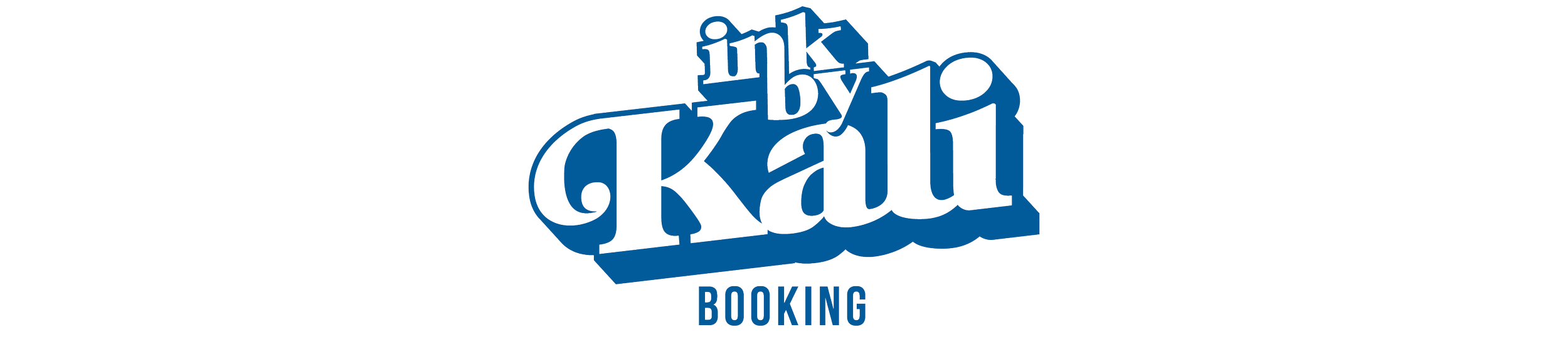 Logo for ink by Kall Booking in dark blue text with a stylized creative font.