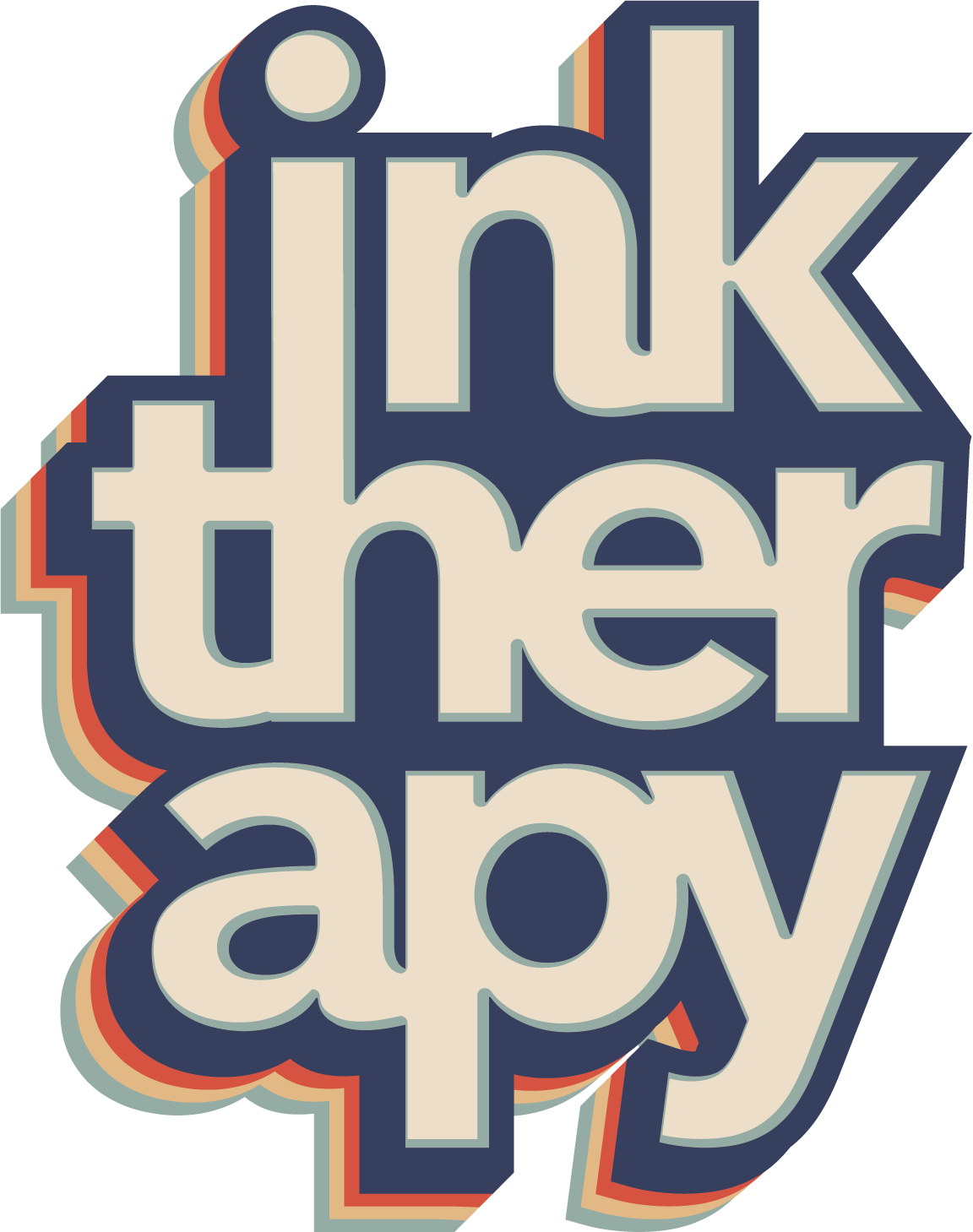 Colorful retro-styled text graphic saying 'think outer space' with layered, rainbow-like borders.