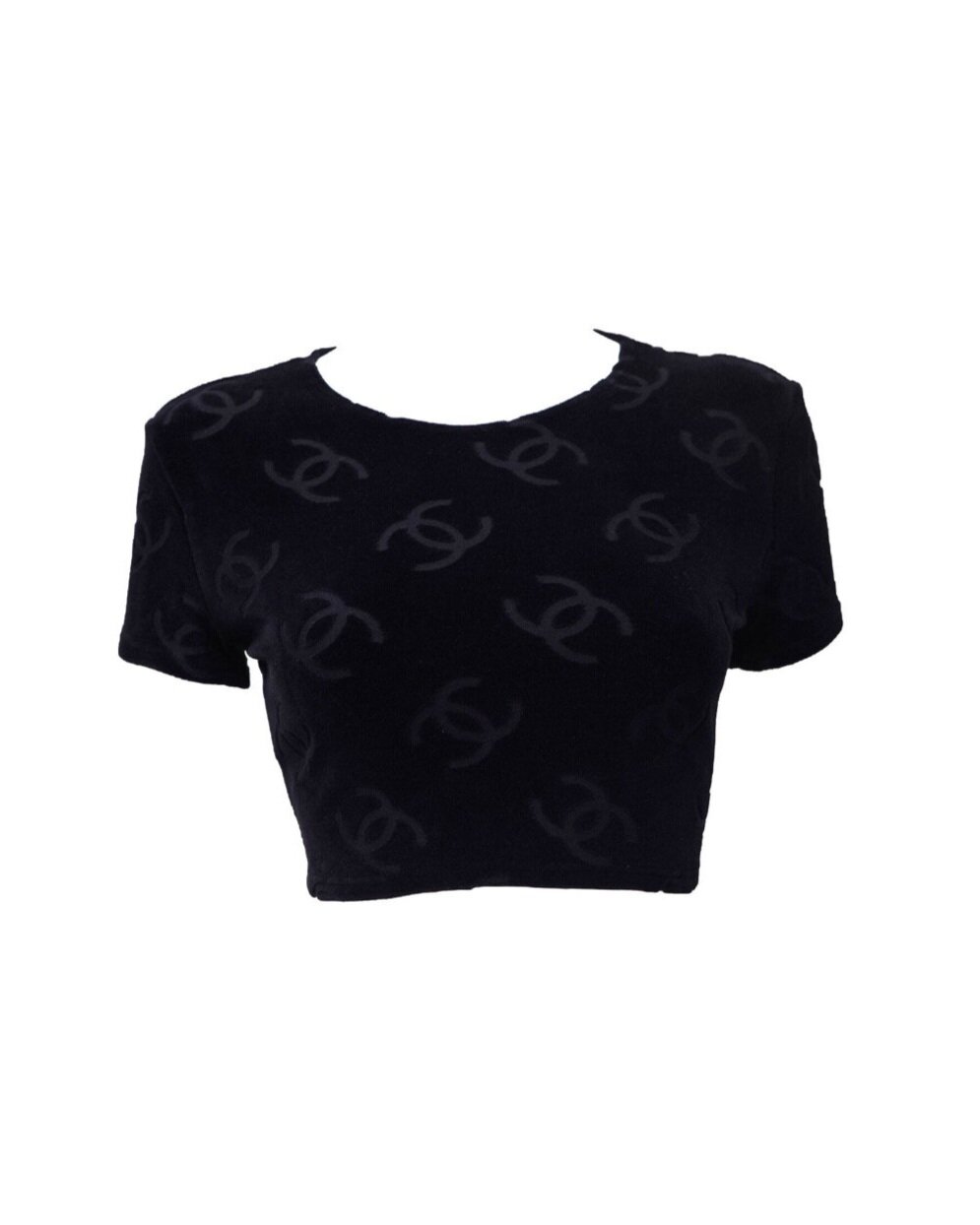 Chanel CC Logo Velour Black Crop Top — God of Cloth Chanel CC Logo Velour Black Crop Top — God of Cloth
