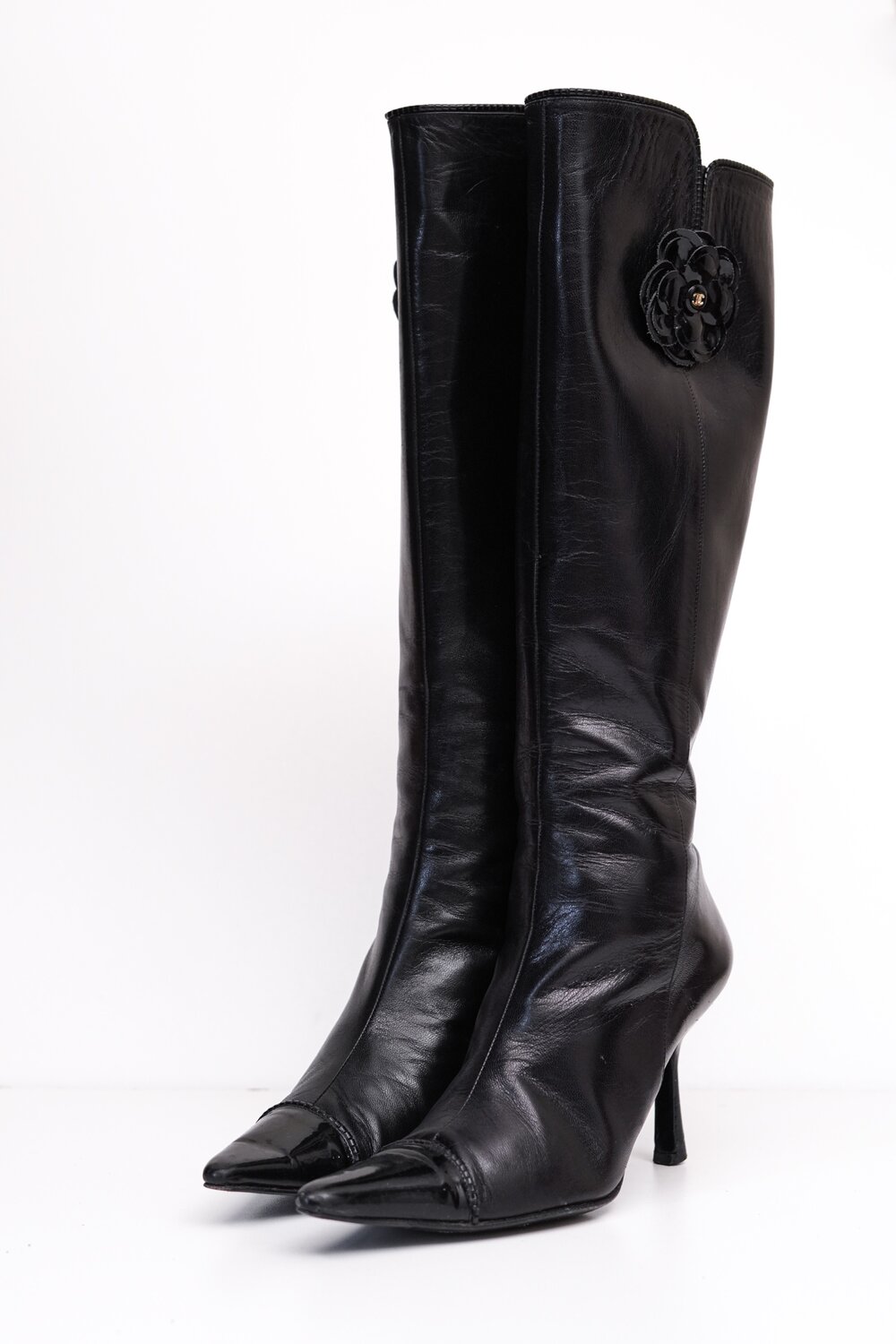 Chanel Black Camellia 2002 Leather Knee-High Boots — God of Cloth