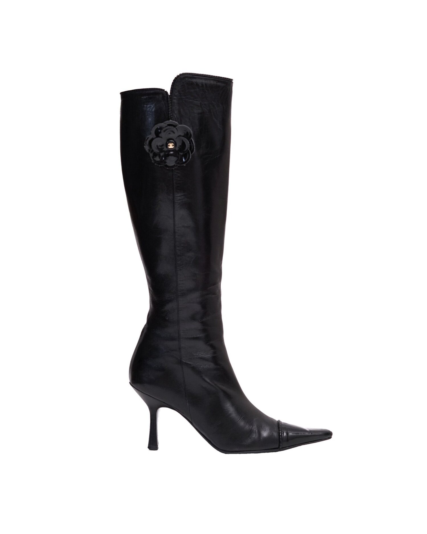 Chanel Black Camellia 2002 Leather Knee High Boots God of Cloth