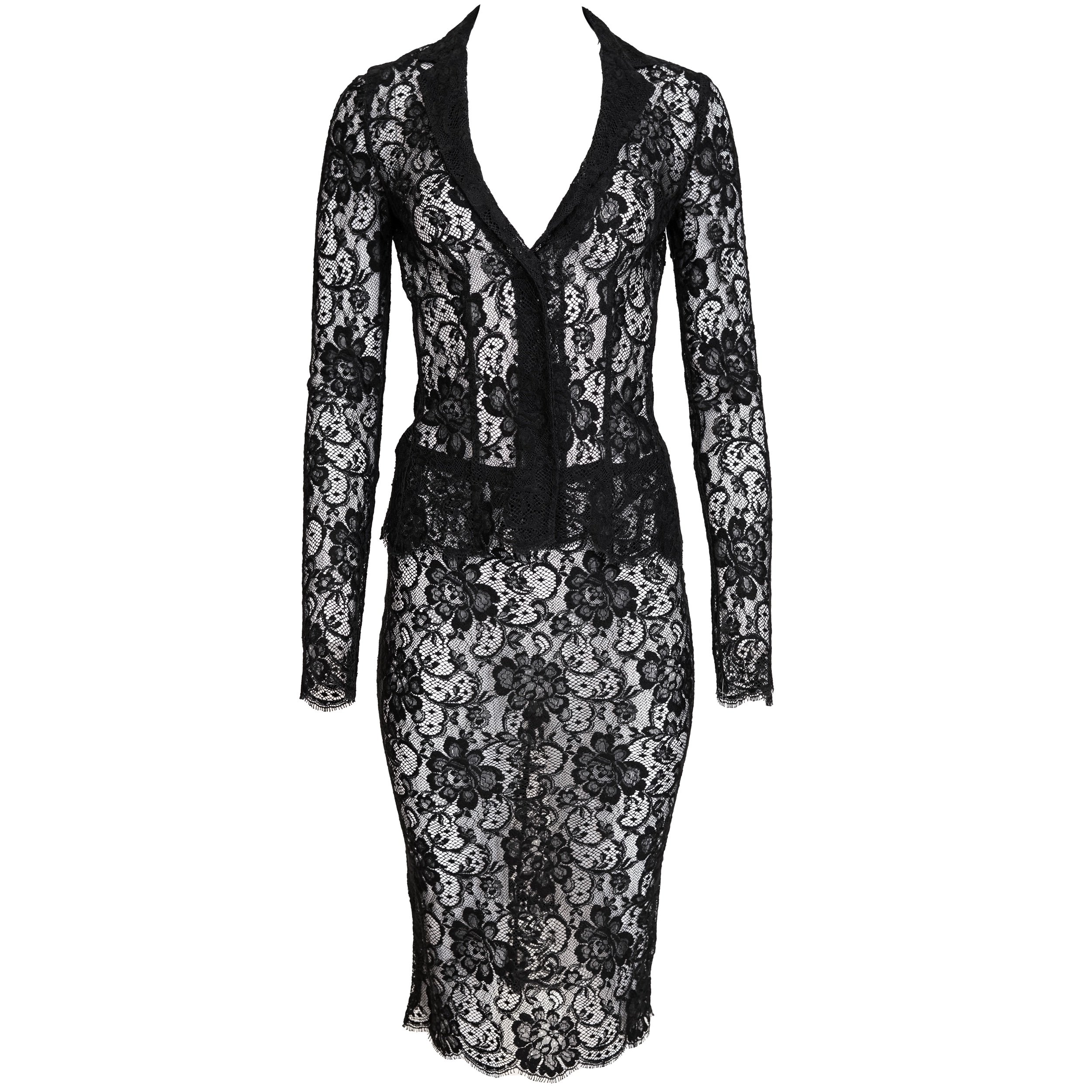 Dolce & Gabbana 1990s Black Lace Blazer Jacket & Midi Skirt Set – Size 40