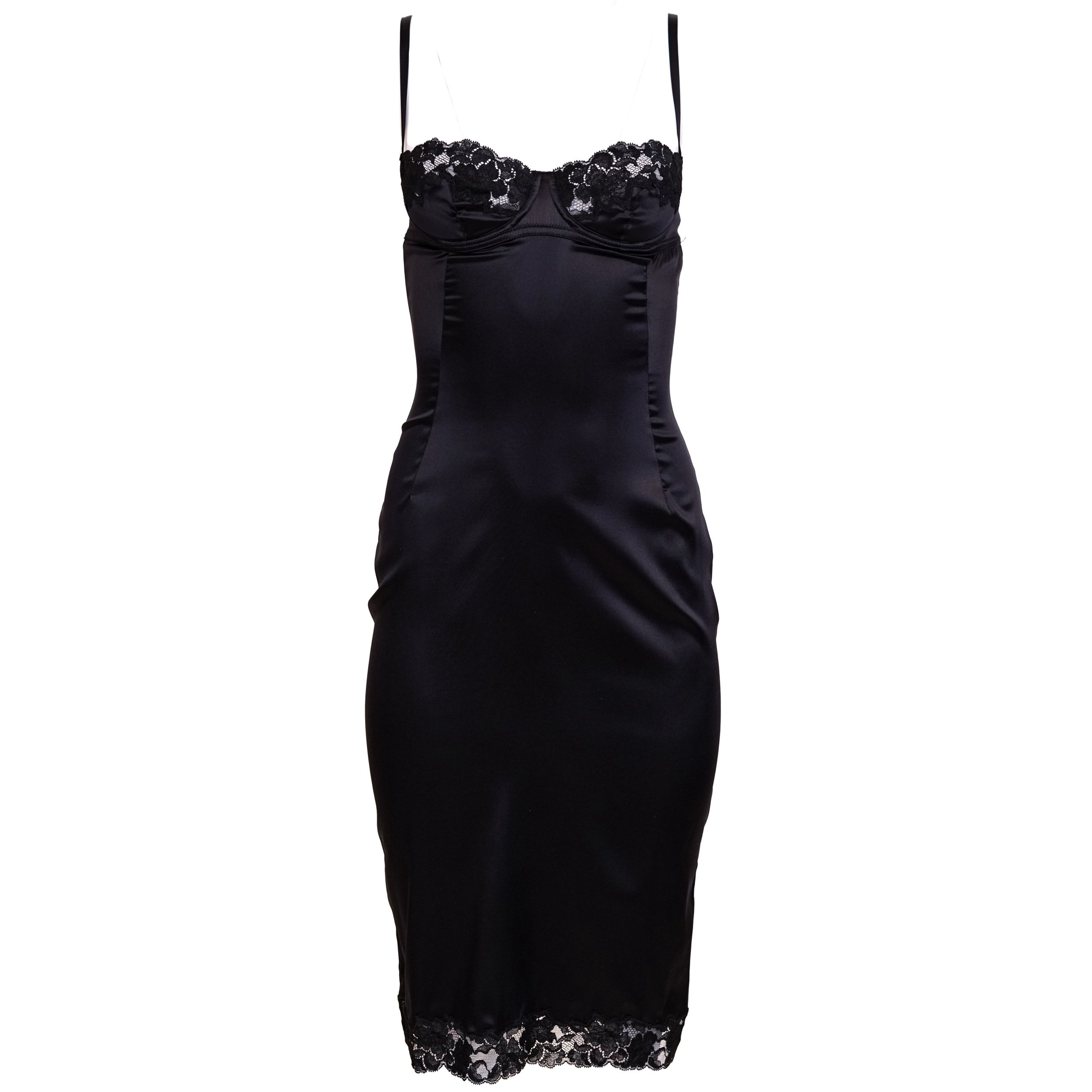Dolce & Gabbana 1990s Black Satin Mini Dress with Lace & Wired Bust – Size 40