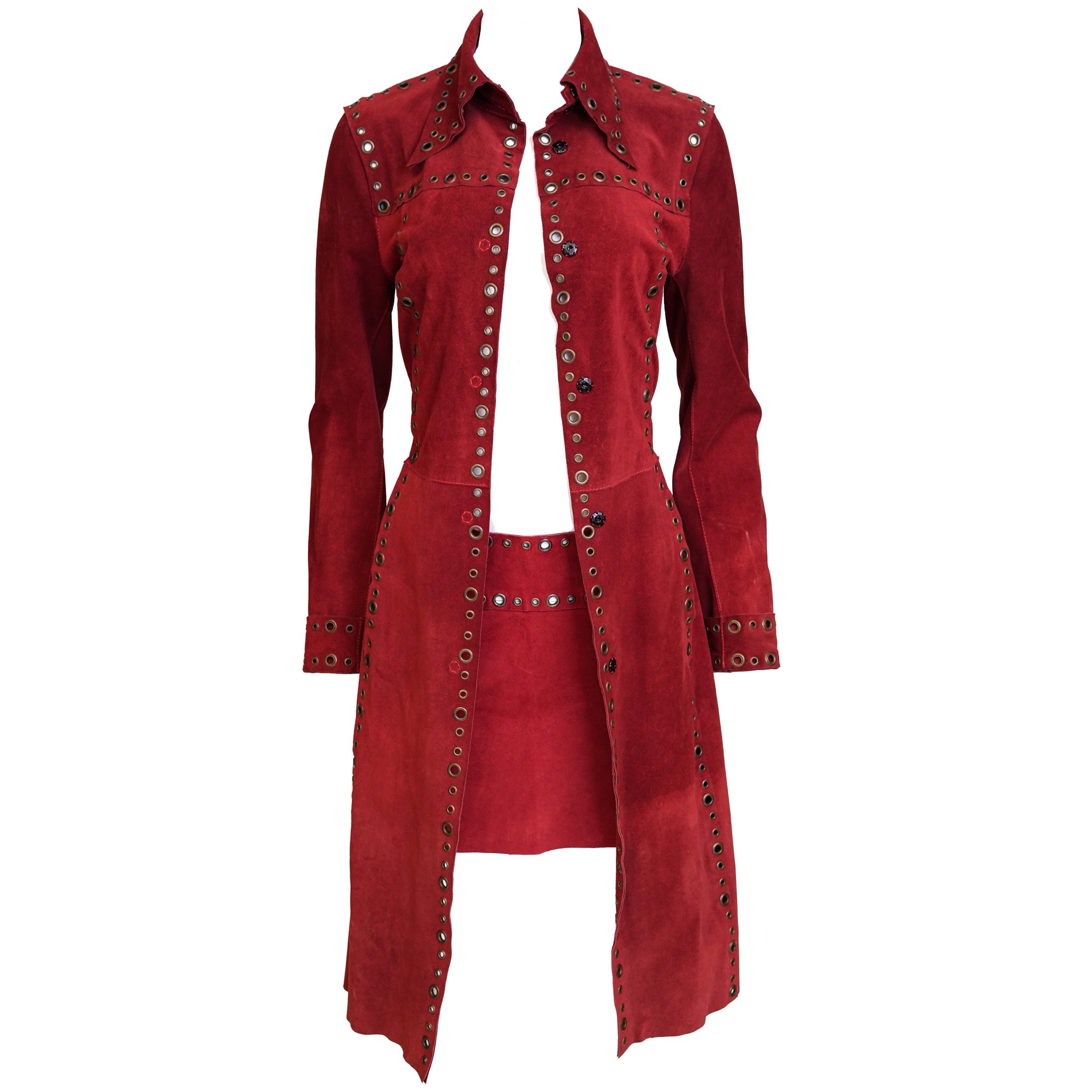 Dolce & Gabbana Red Suede Eyelet-Detail Jacket & Matching Skirt Set – Circa 1990s