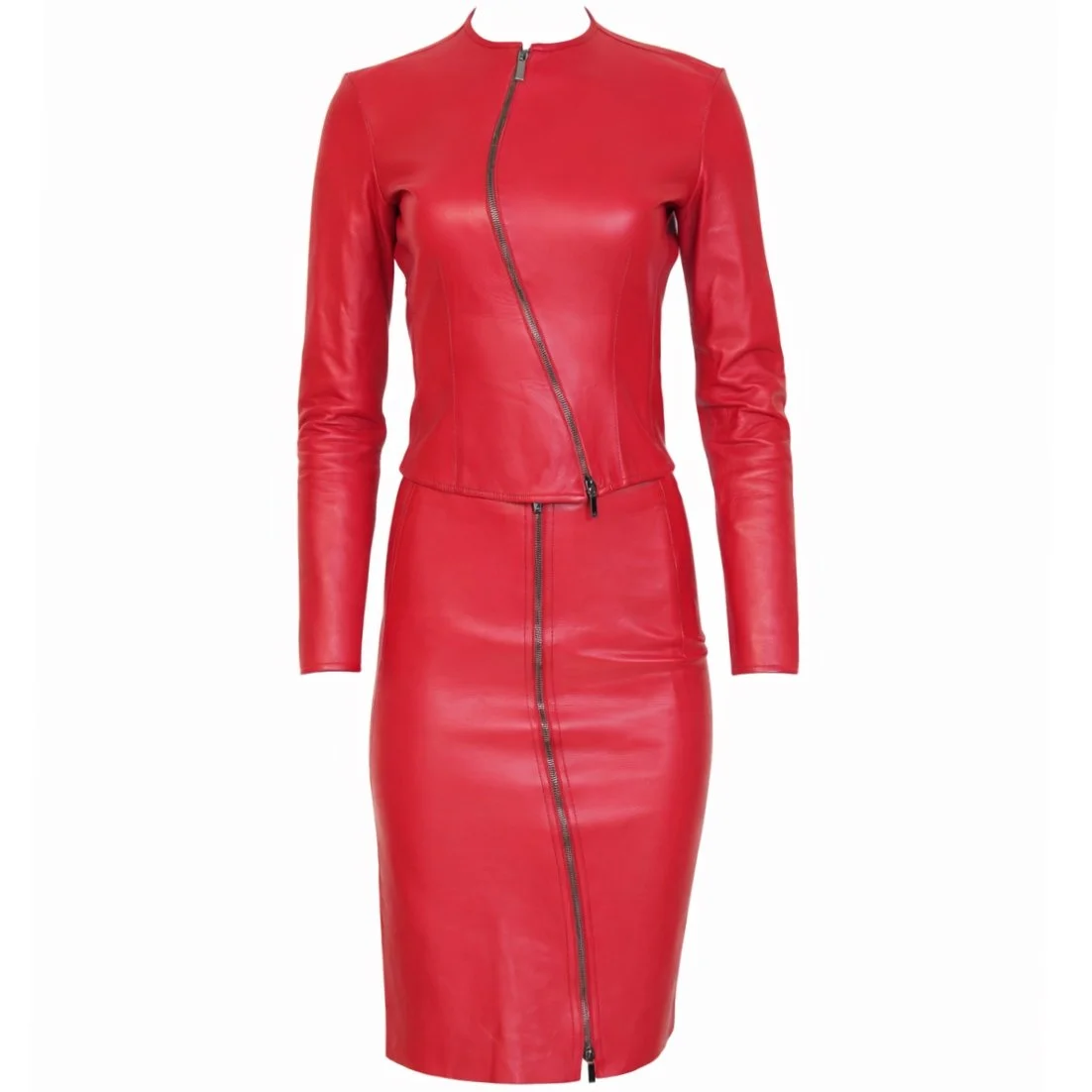 Gucci by Tom Ford Asymmetric Red Leather Jacket & Skirt Set – Jacket Size 40 / Skirt Size 38