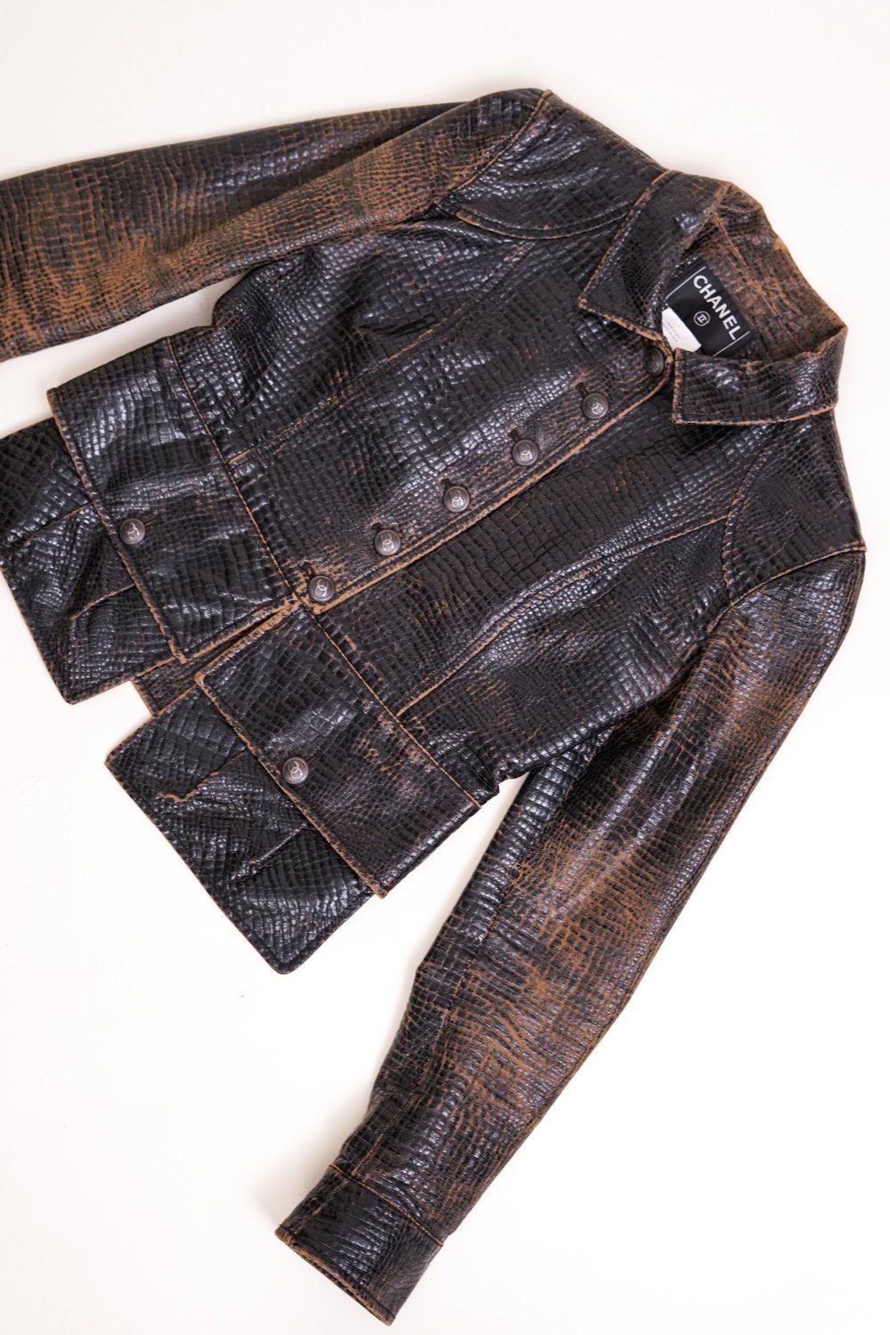Chanel Fall 2003 Black & Brown Alligator Print Leather Jacket