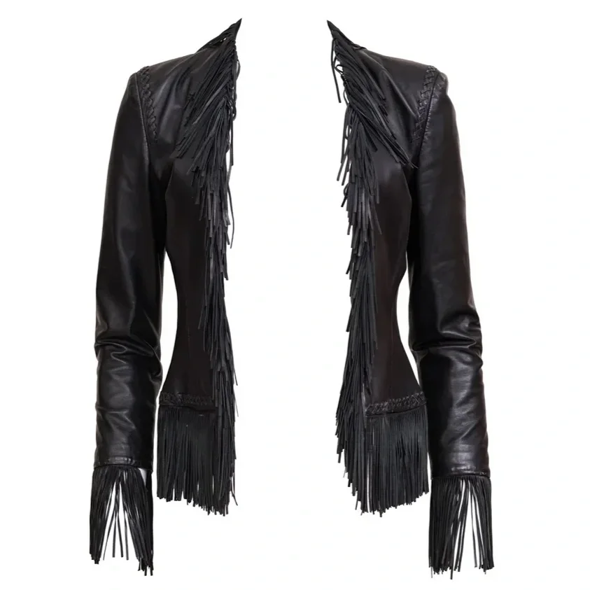 Versace S/S 2002 Black Leather Fringe Jacket