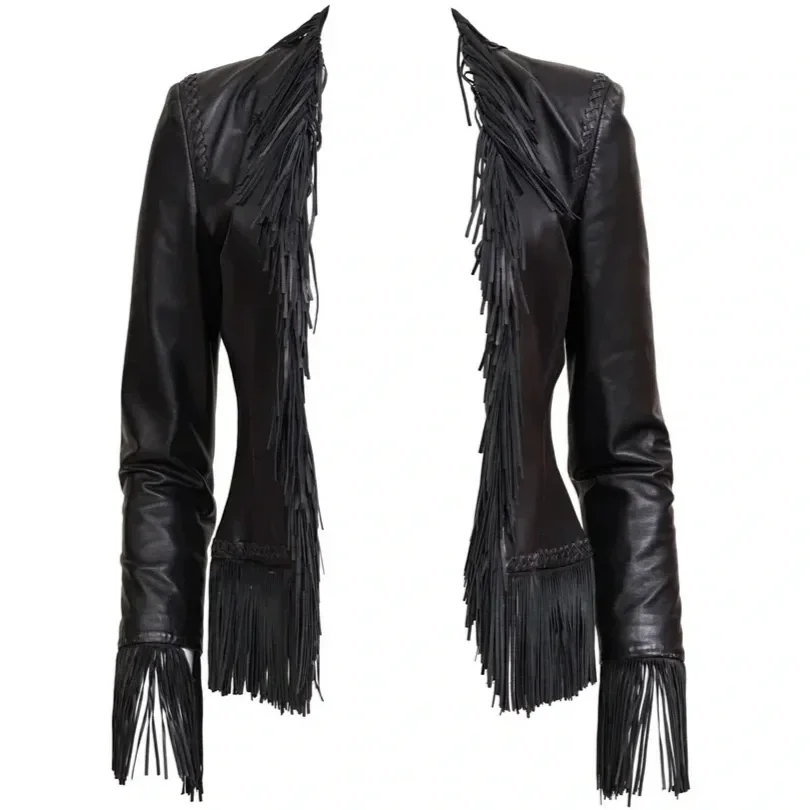 Versace S/S 2002 Black Leather Fringe Jacket
