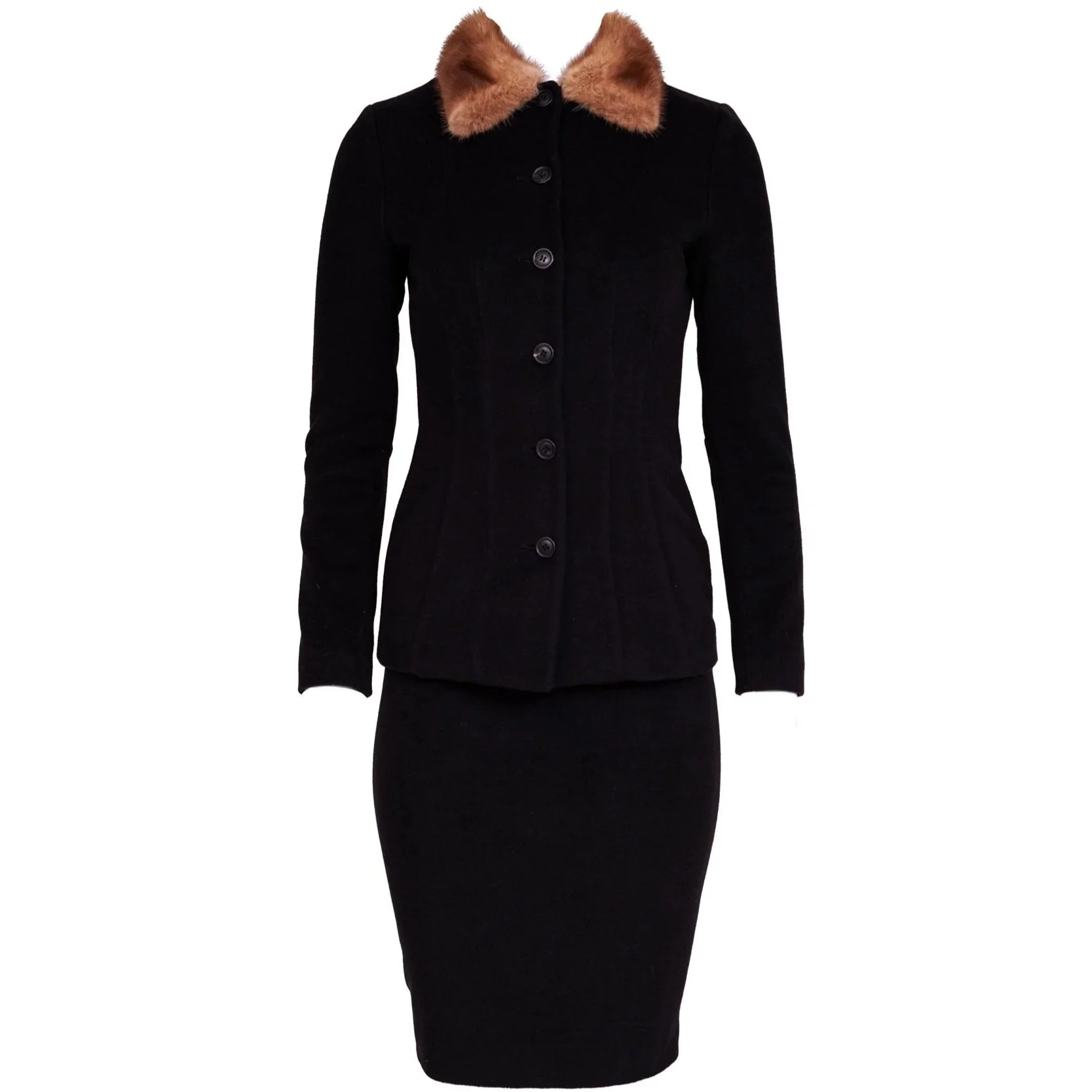 Dolce & Gabbana 1990s Black Angora Two-Piece Skirt Set w/ Mink Fur Collar – Size 38