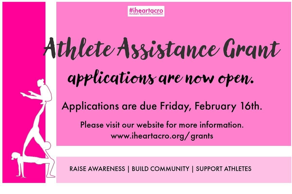 We are pleased to announce that applications for the 2024 Athlete Assistance Grant program are now live.  U.S. athletes competing at Level 6 and above for the 2024 season, with a minimum of one year of acro competition experience, are eligible to rec