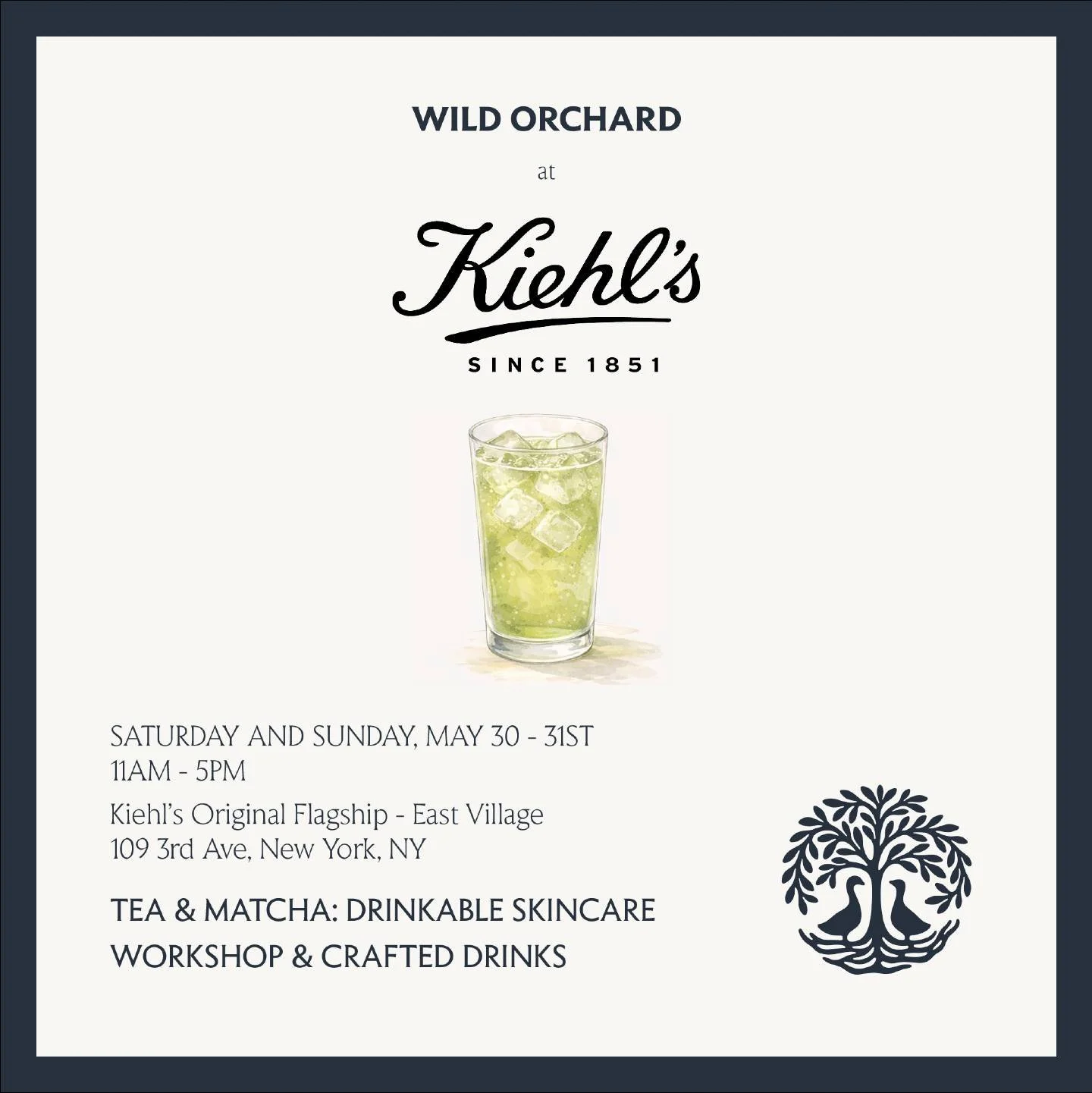 Wild Orchard x @kiehls is doing a pop up this weekend in NYC 🍵
Come join us in our inner and outer ritual with tea tastings, matcha workshops, and a tea &amp; matcha bar with special drinks!

📍 Kiehl's Original Flagship - East Village: 109 3rd Ave
