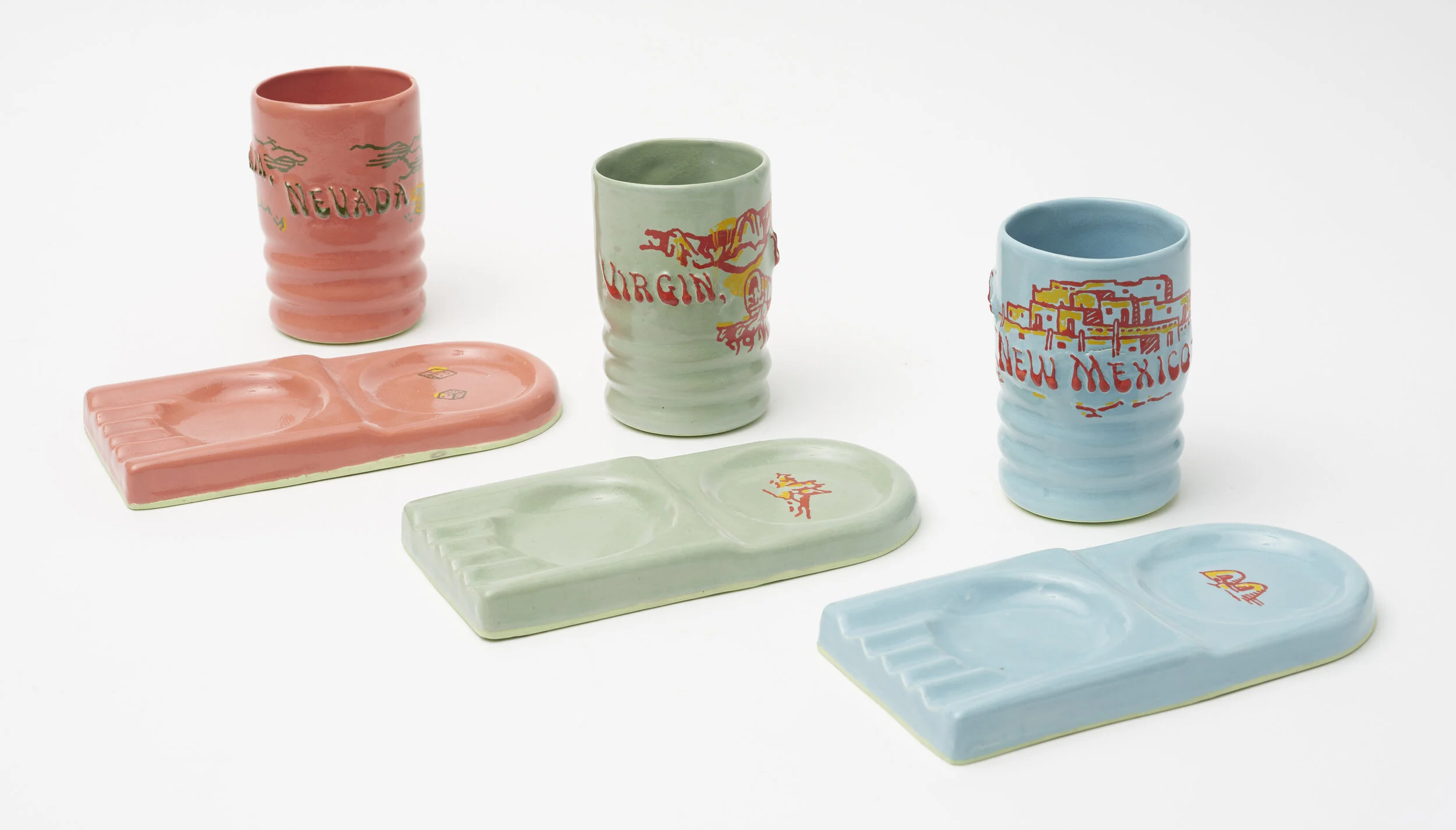 Souvenir Cup and Ashtray Sets, 2019. Ceramic. Each 4.5 x 7 x 3.5 in