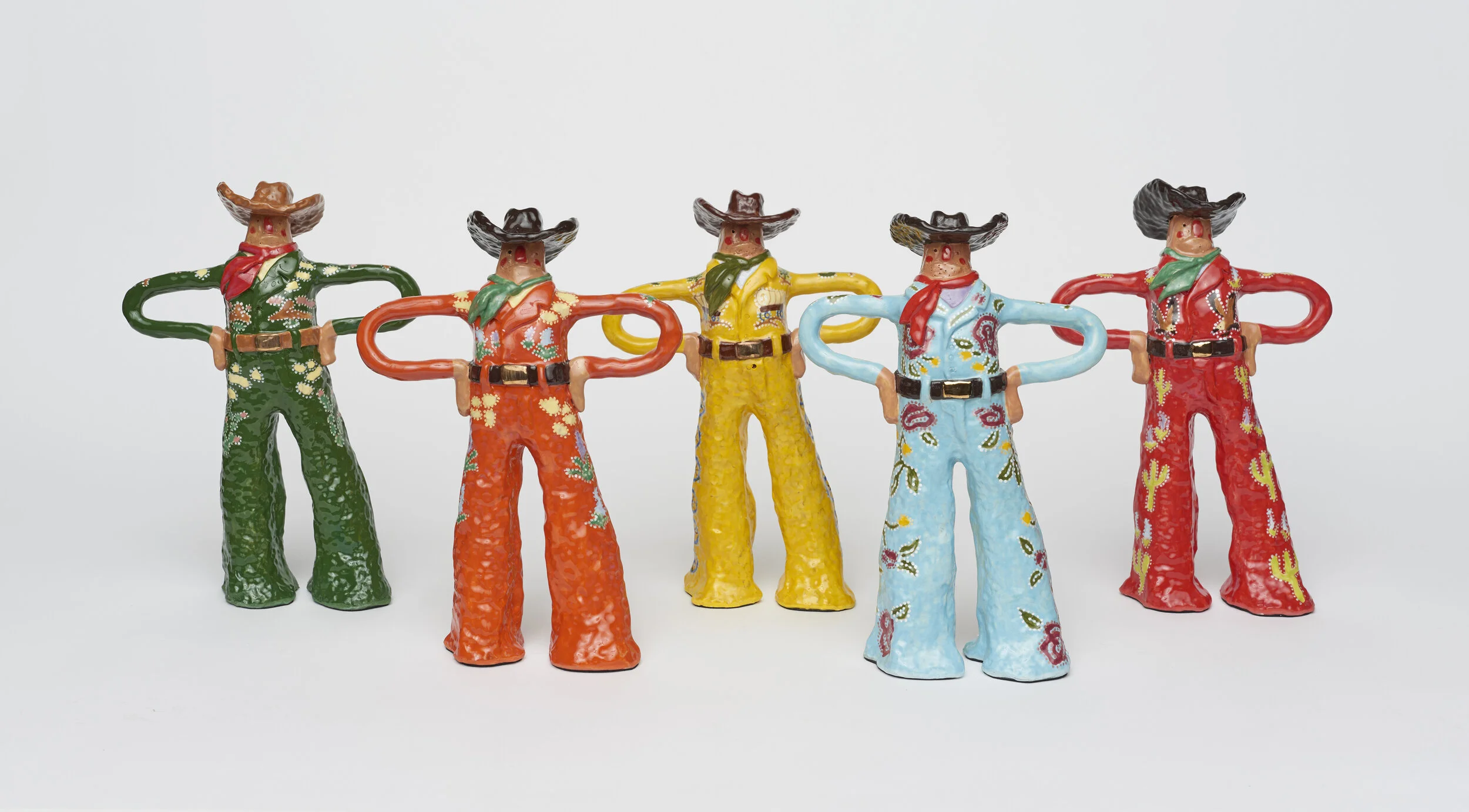 Cowboys in Nudie Suits, 2018. Ceramic. Each 9 x 5 x 2.5 inPhoto credits: Max Wagner &amp; Megan Pobywajlo