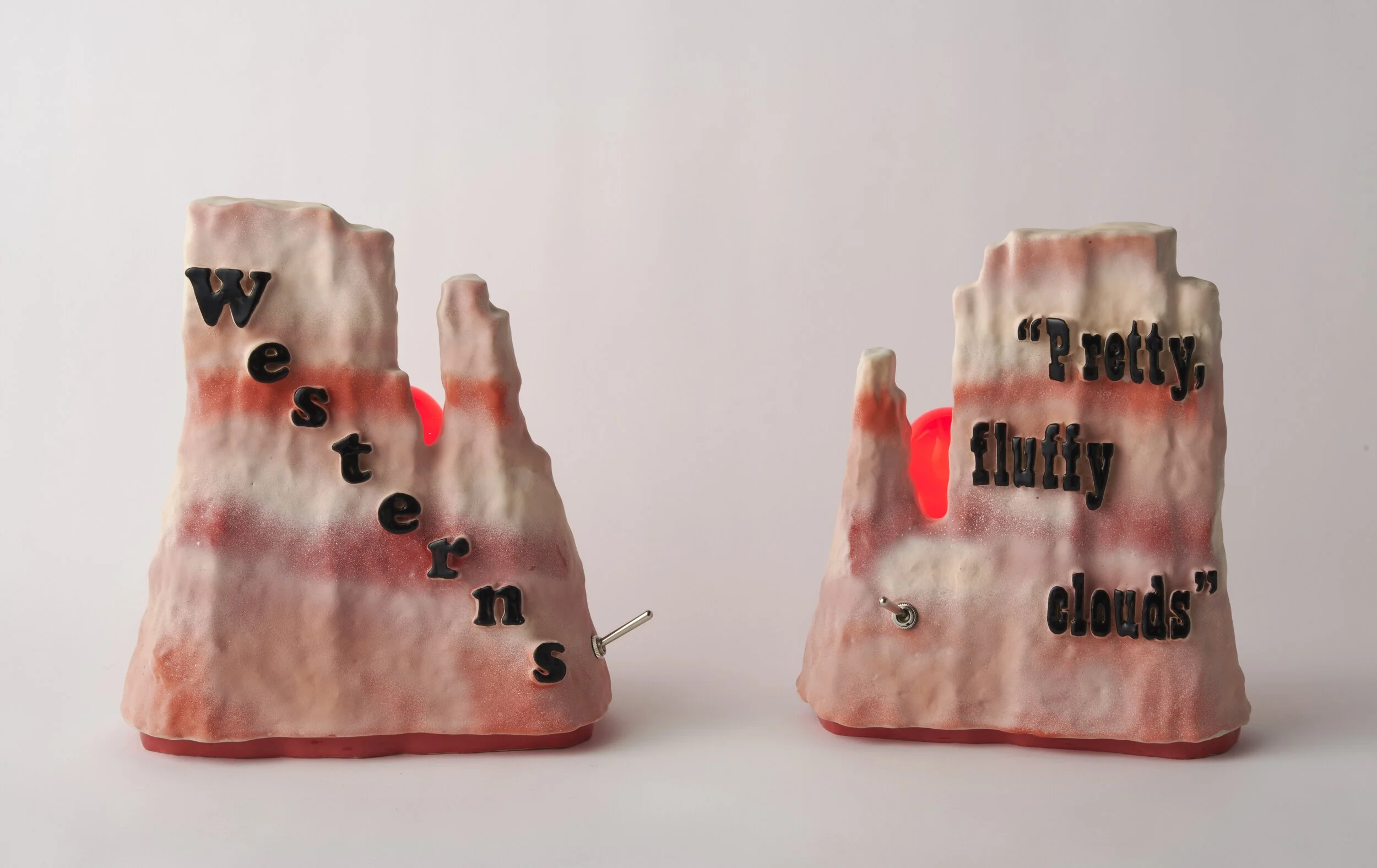 Monument Valley Lamps, ceramic, electrical components, 2020, 12.75 x 11.5 x 7 in (Westerns), 12 x 11 x 6 in (“Pretty, fluffy clouds"). Photo credit: Max Wagner