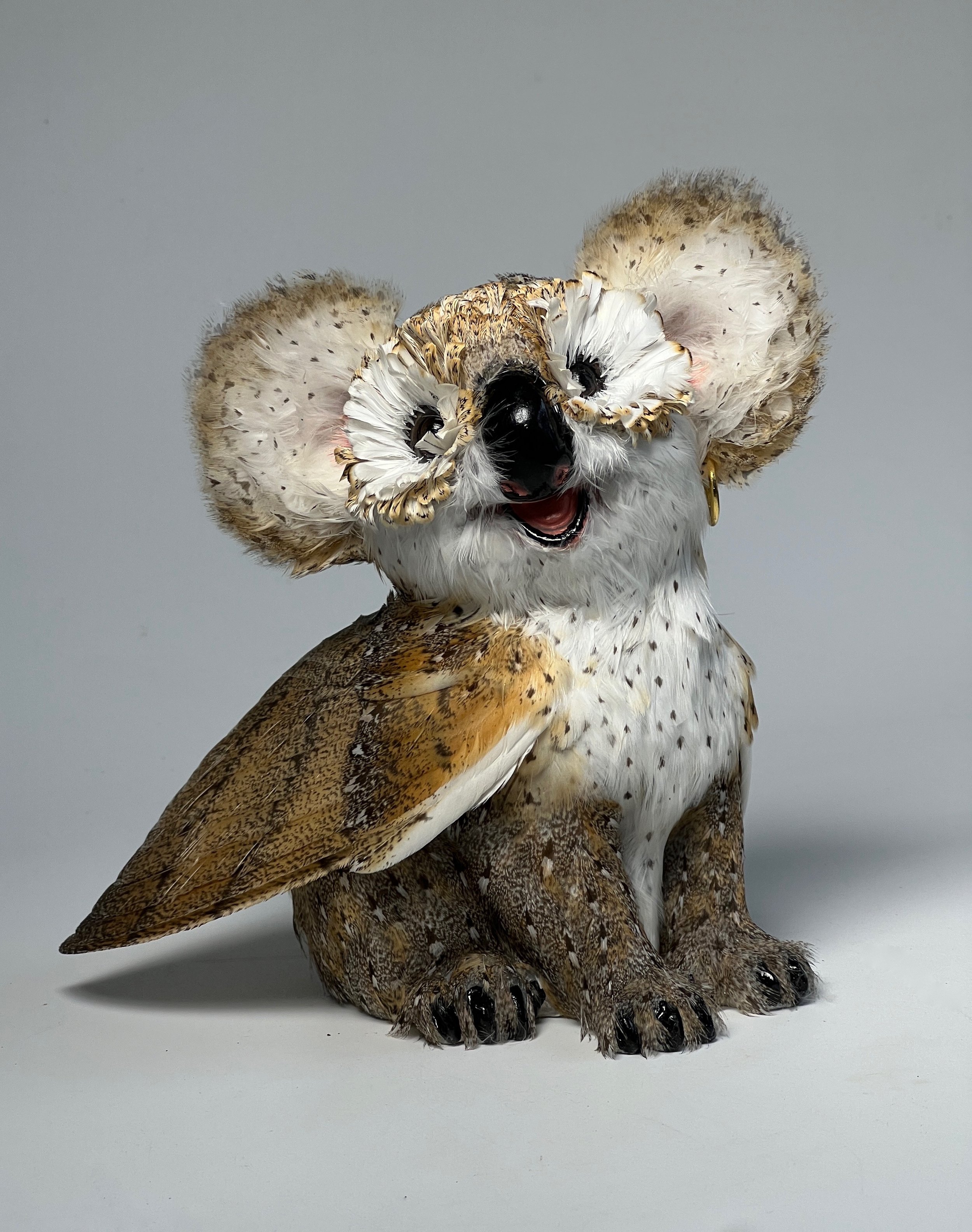 Maskoala 2025 Masked Owl feathers and mixed media 18x15x15cm RRP $950 Sold