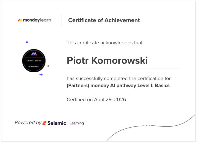 Certyfikat monday.com Velg | Piotr Komorowski \ ekspert konsultant AI Partner CRM Service Work Management