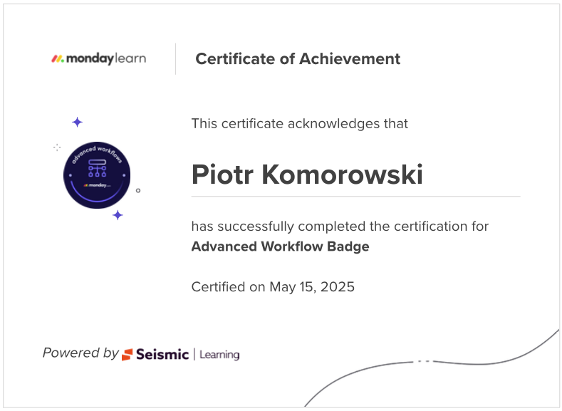 Certyfikat monday.com Velg | Piotr Komorowski \ ekspert konsultant AI Partner CRM Service Work Management