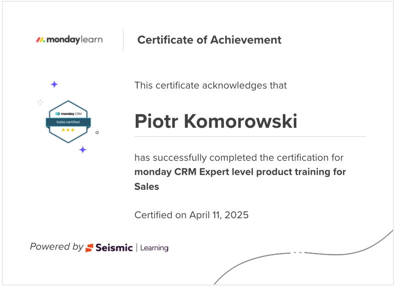 Certyfikat monday.com Velg | Piotr Komorowski \ ekspert konsultant AI Partner CRM Service Work Management