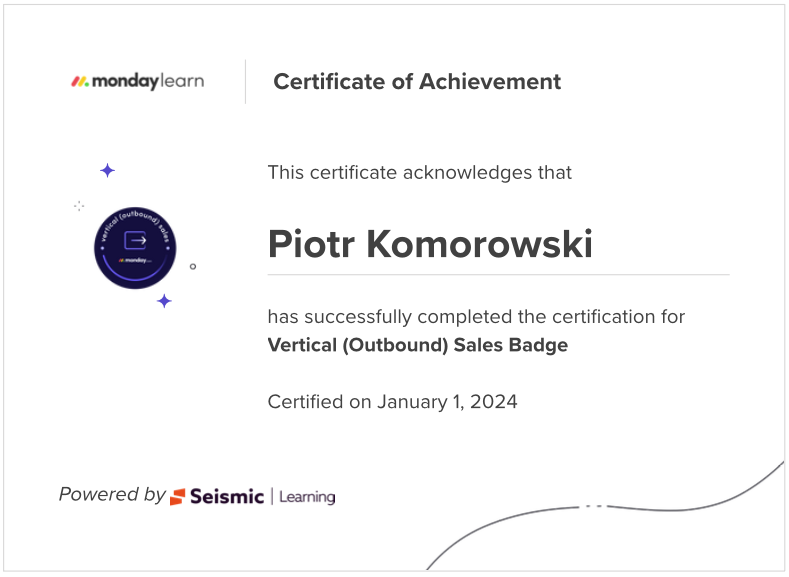 Certyfikat monday.com Velg | Piotr Komorowski \ ekspert konsultant AI Partner CRM Service Work Management