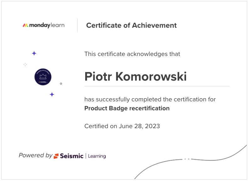 Certyfikat monday.com Velg | Piotr Komorowski \ ekspert konsultant AI Partner CRM Service Work Management