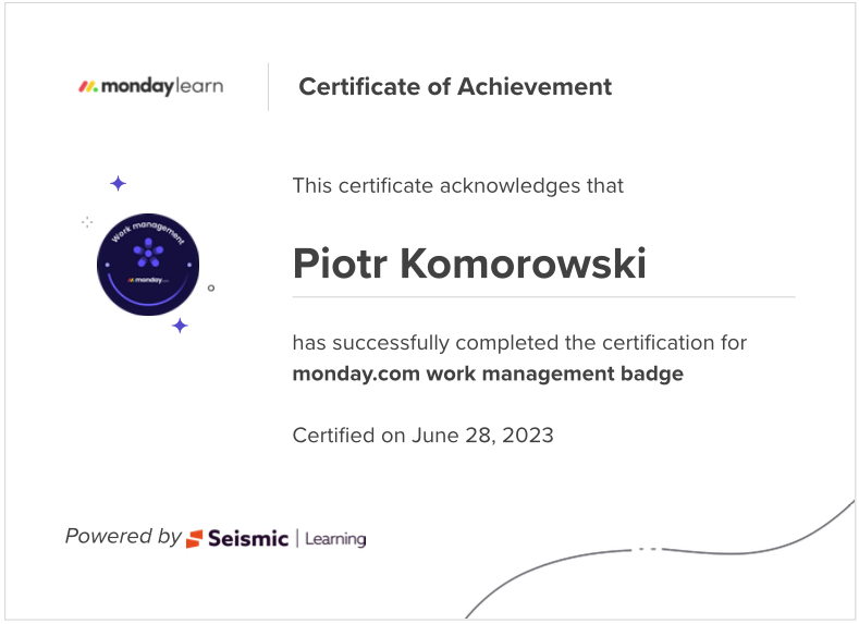 Certyfikat monday.com Velg | Piotr Komorowski \ ekspert konsultant AI Partner CRM Service Work Management