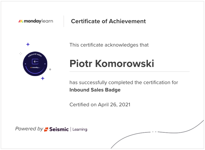 Certyfikat monday.com Velg | Piotr Komorowski \ ekspert konsultant AI Partner CRM Service Work Management
