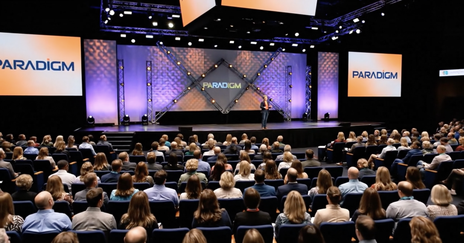 Keynote speaker Bernadette Smith is speaking on stage to an audience. She is too small to see clearly.