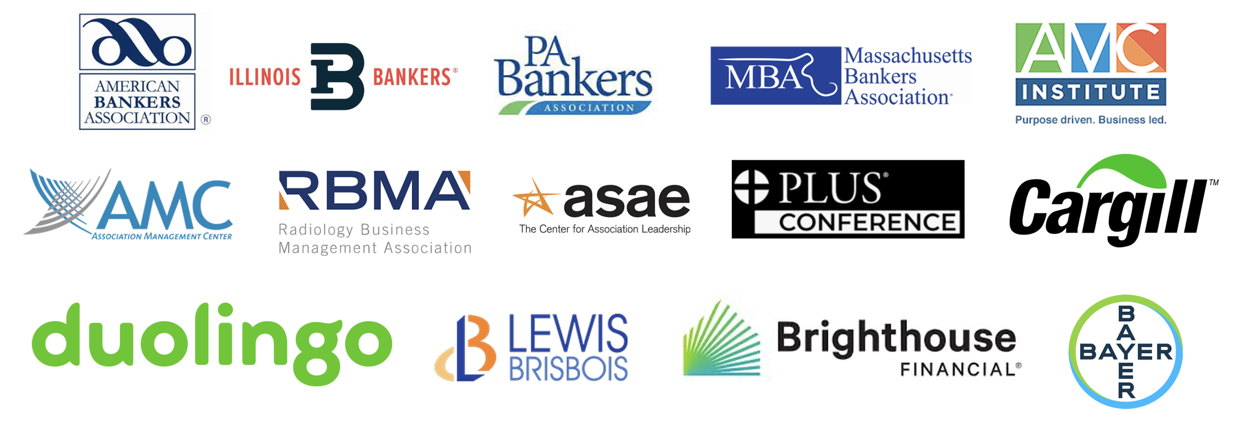 a variety of client logos, including american bakers association, Plus conference and duolingo