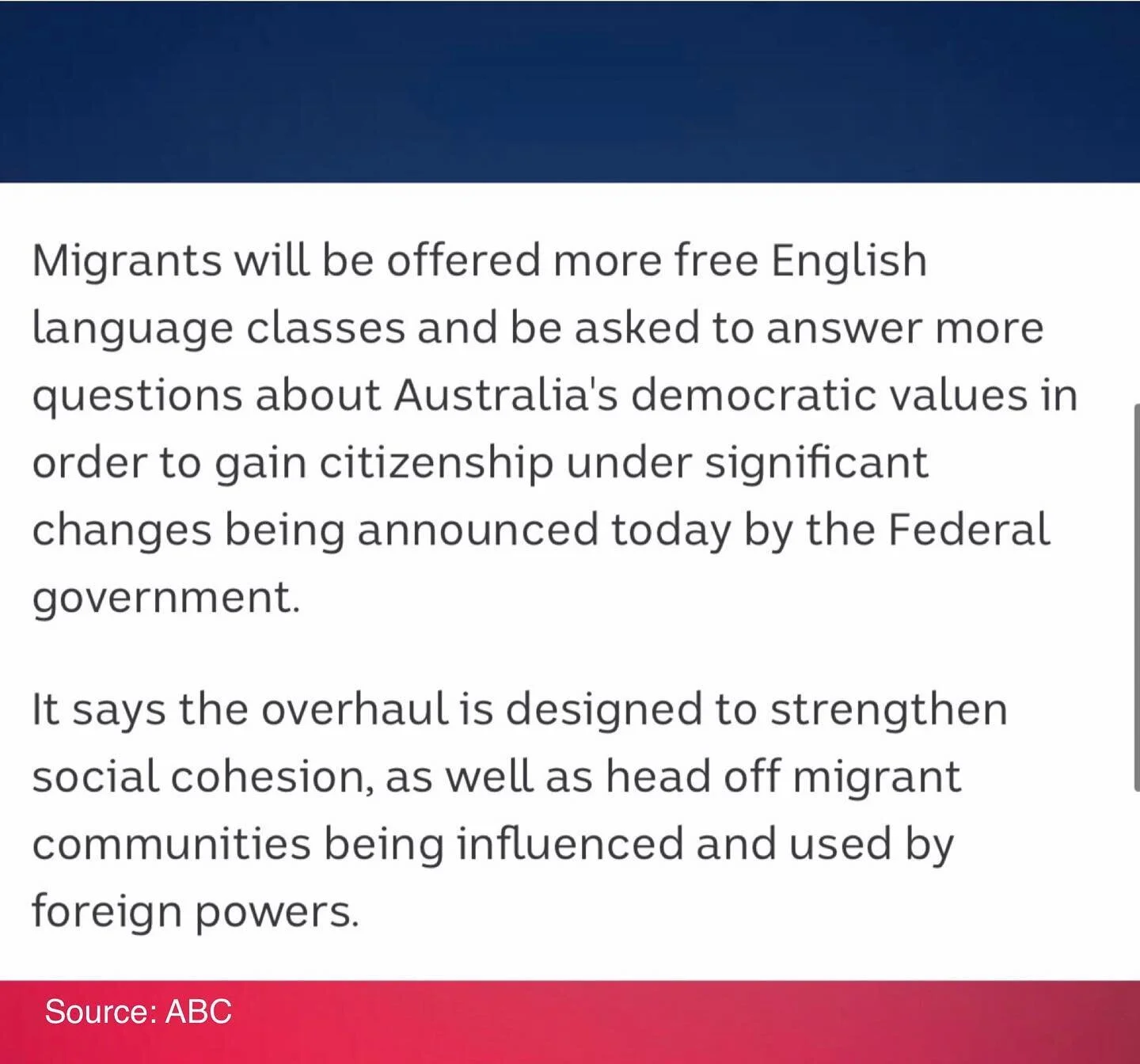Australia has a bad track record of coining assimilation strategies as socially cohesive.❌

Yesterday, the Federal Government announced an overhaul of parts of the citizenship system. As any of us know, migrants have already grappled with having to s