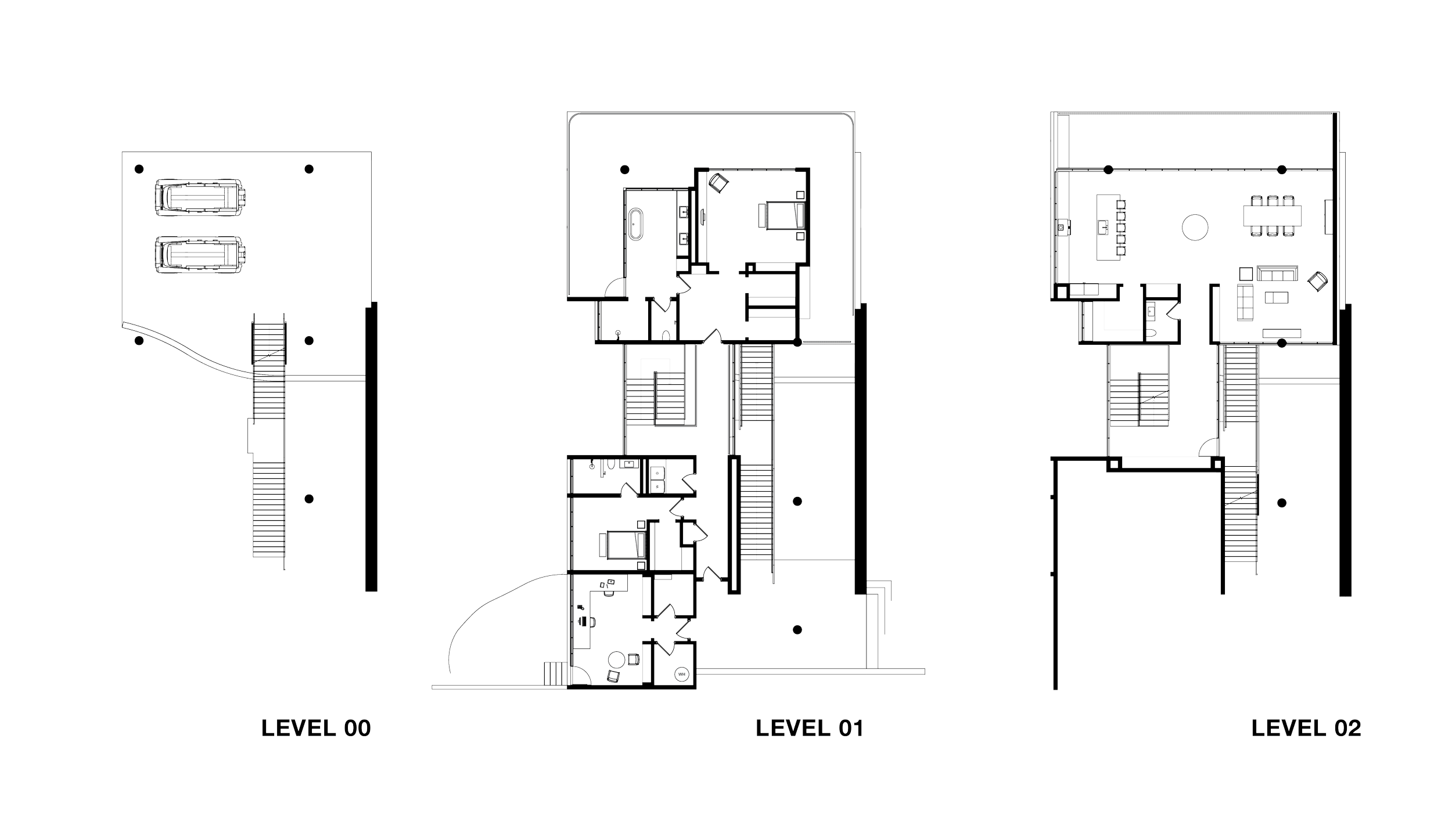 Architectural floor plan showing three levels labeled Level 00, Level 01, and Level 02 with detailed room layouts and stairs.