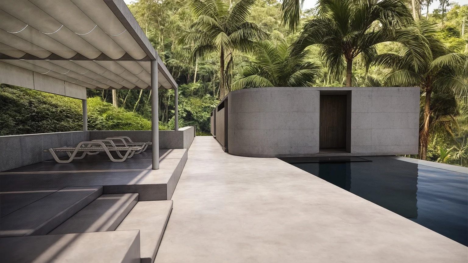 Modern villa with minimalist architecture, lounge chairs under a canopy, pool, and tropical palm trees.