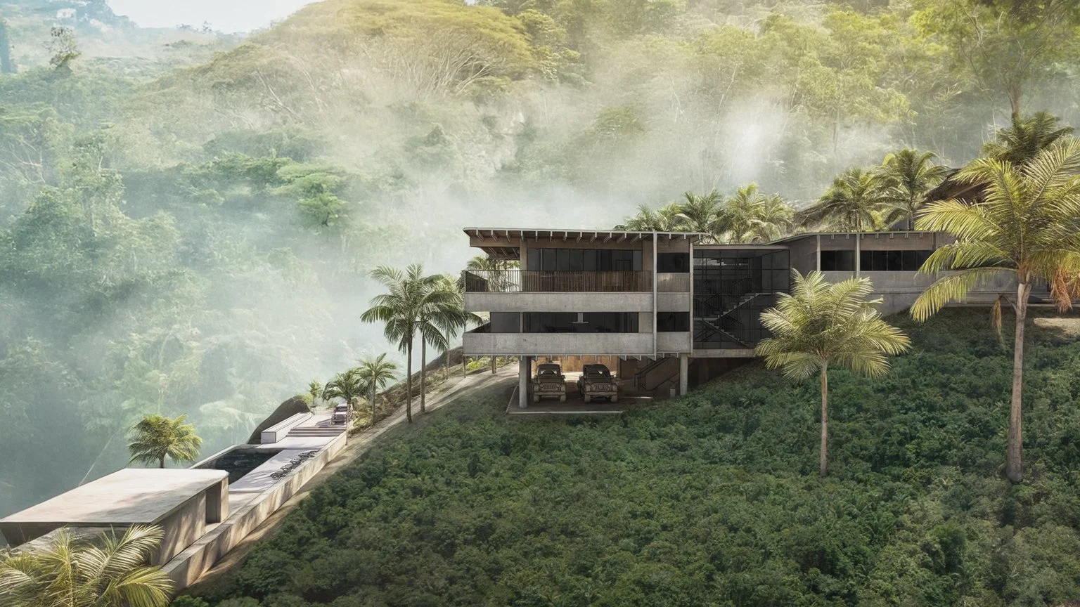 Modern hillside house surrounded by lush forest and palm trees, featuring a long swimming pool and parked cars underneath the structure.