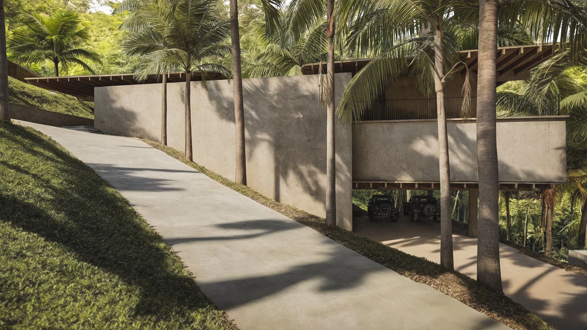 Modern concrete building with palm trees on a hillside