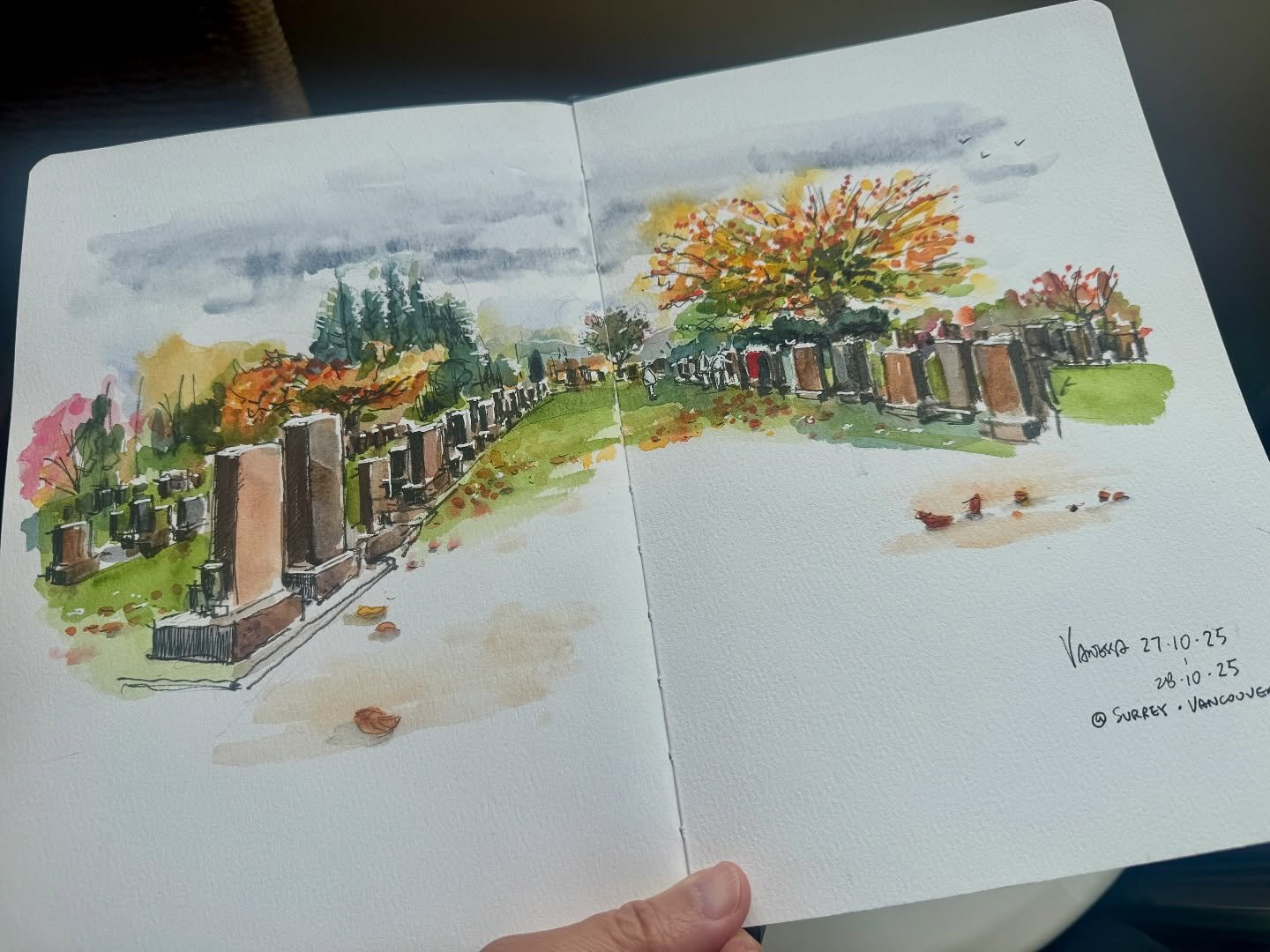 The main purpose of my brief trip to Vancouver was to accompany my husband in visiting his grandparents. Despite the cold and wet weather, I couldn&rsquo;t resist sketching the beautiful cemetery. My sketchbook got soaked while I was sketching, so I 