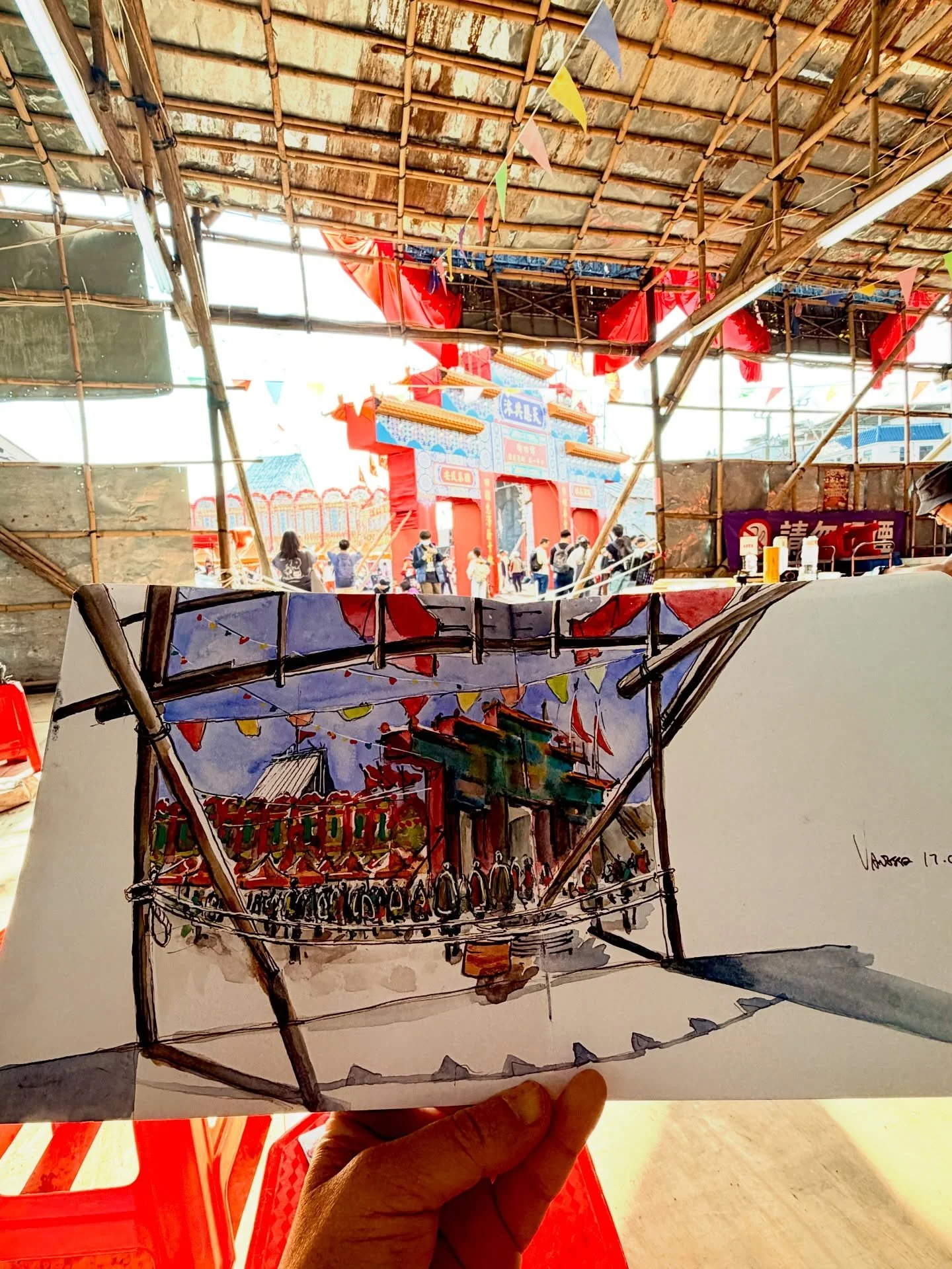 Second sketch from the @urbansketchershk sketchcrawl. After the talk by the bamboo master 師傅, I decided to hide inside this smaller structure to escape the sun and sketch the main venue from the inside out. So happy to be sketching together with my d