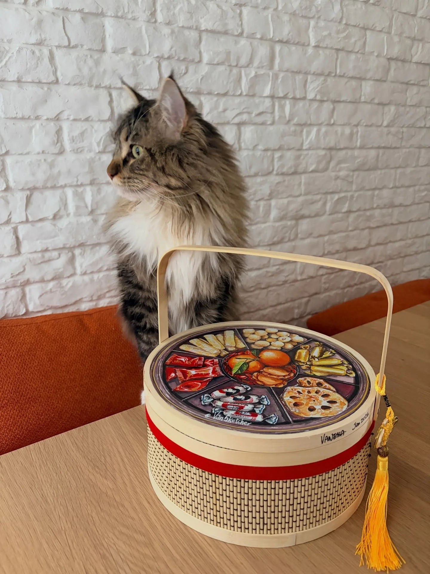 A sketch I spent hours on has become a lovely candy box 全盒 basket to welcome the Lunar New Year. 
During CNY, families prepare candy box 全盒 filled with sweet treats to share with their guests, expressing blessings of abundance and completeness for th