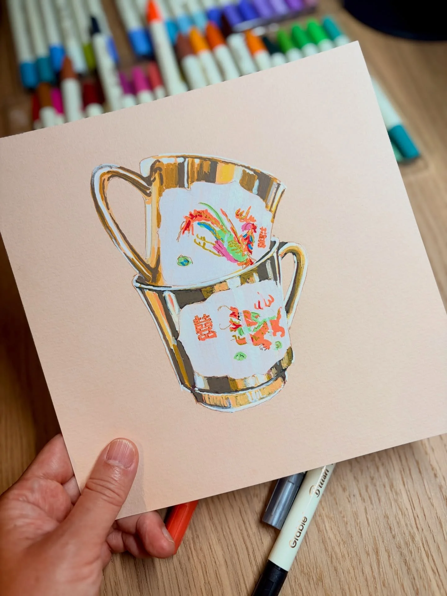 Another drawing experimenting with my new acrylic pen set! 🎨 Scroll to see the making-of video &mdash; it was so much fun to play with these pens. I love how easy they are to use; you can paint over any colour, fix mistakes, and start again anytime!