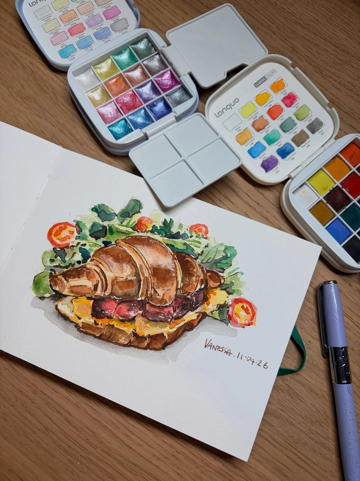 I love drawing croissants&mdash;and yes, I love eating them too! I just got new watercolours sets, so what better way to test them than by sketching a croissant? 🥐 I&rsquo;ve never used pearl watercolours before, so I dabbed some on as highlights&md
