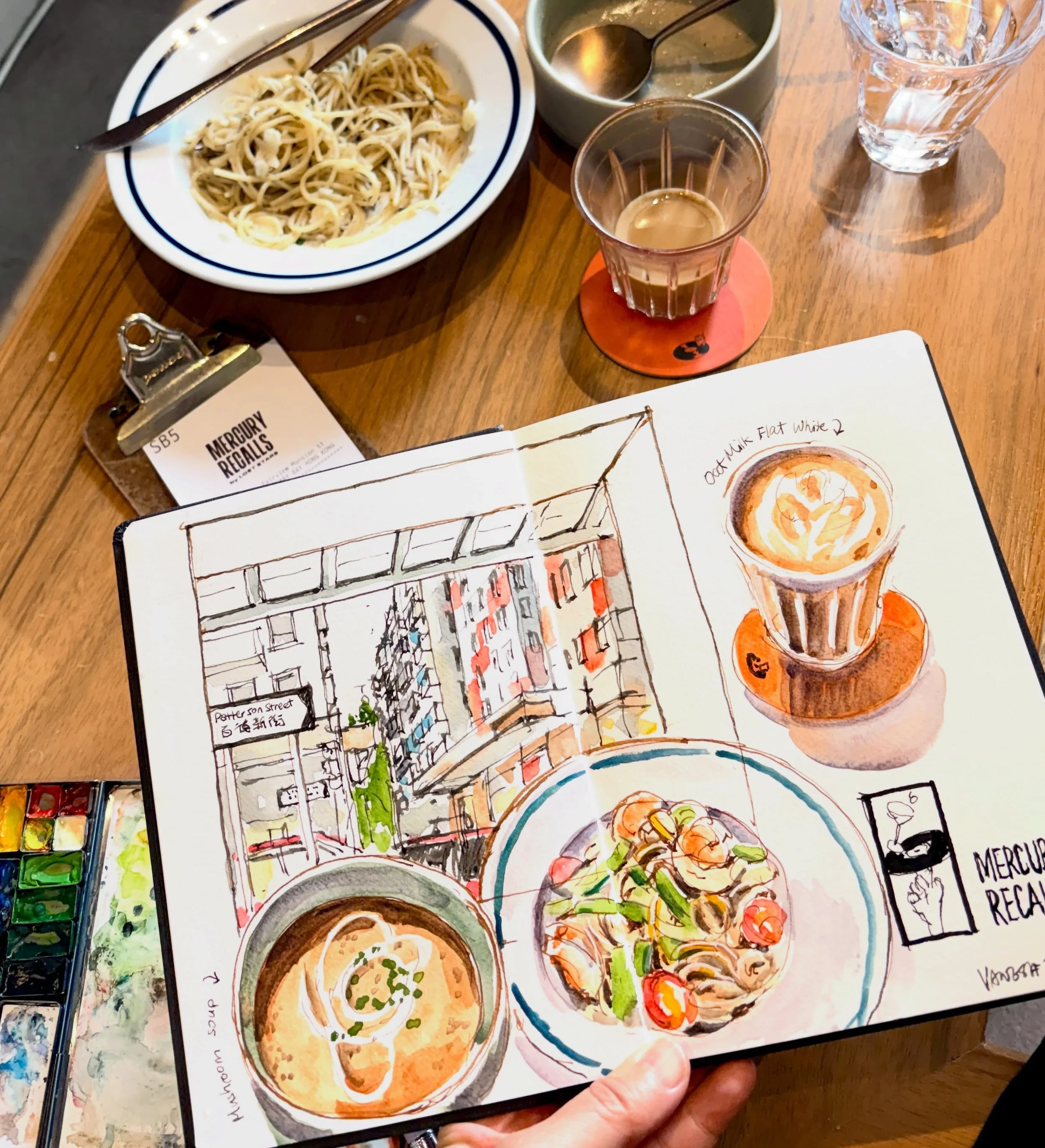 Who says lunch and sketching can&rsquo;t coexist?
Come join our group of passionate lunch sketchers and prove it&rsquo;s doable. The weather was a bit unpredictable, so we settled into a caf&eacute; @mercury.recalls with a view. I picked a spot for t