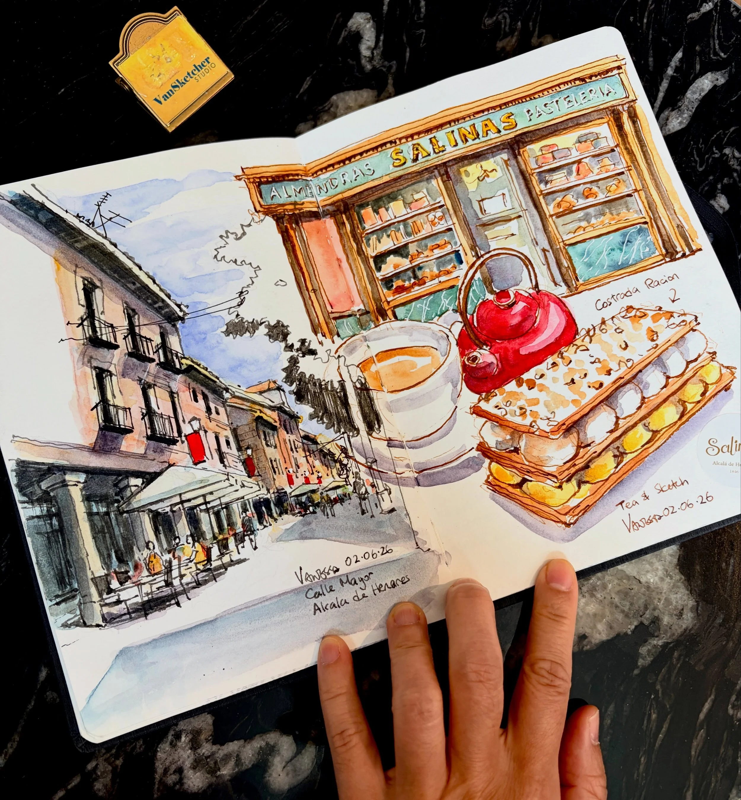 After my after-lunch drink and sketch, my sketching itinerary continued with another sketch of the colonnaded shops and caf&eacute;s in Alcal&aacute; de Henares. Next, I visited Salinas, a confectionery shop established in 1846, to try their famous C