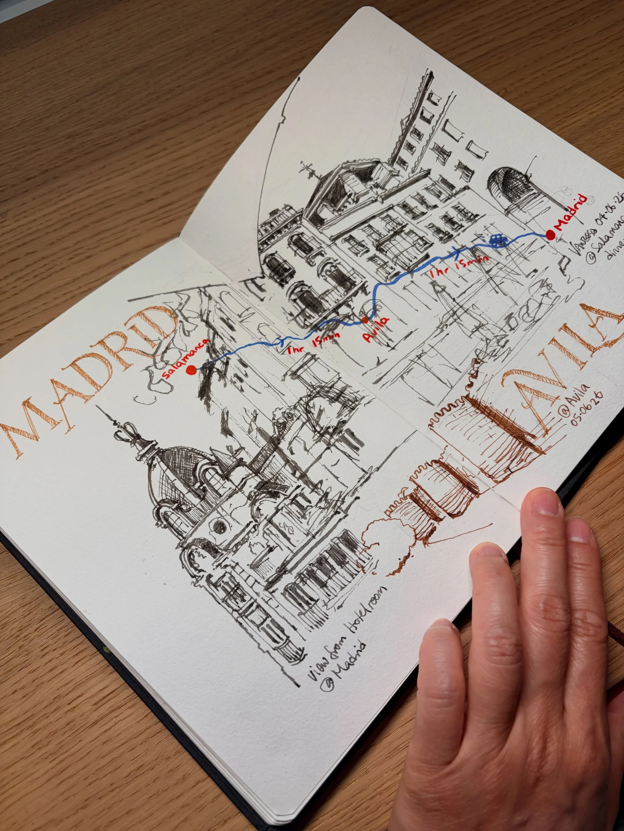 Heading towards our final stop &mdash; Madrid. 
Stopped briefly at &Aacute;vila. 
I need to catch up on my trip posts, but I&rsquo;m too busy to add colors. I&rsquo;ll just share them as they were&mdash;line drawings on location. 

@urbansketchershk