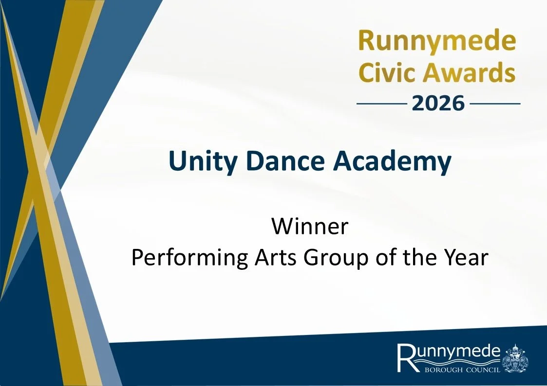 Certificate for Runnymede Civic Awards 2026 awarded to Unity Dance Academy as the winner in the Performing Arts Group of the Year category, issued by Runnymede Borough Council.
