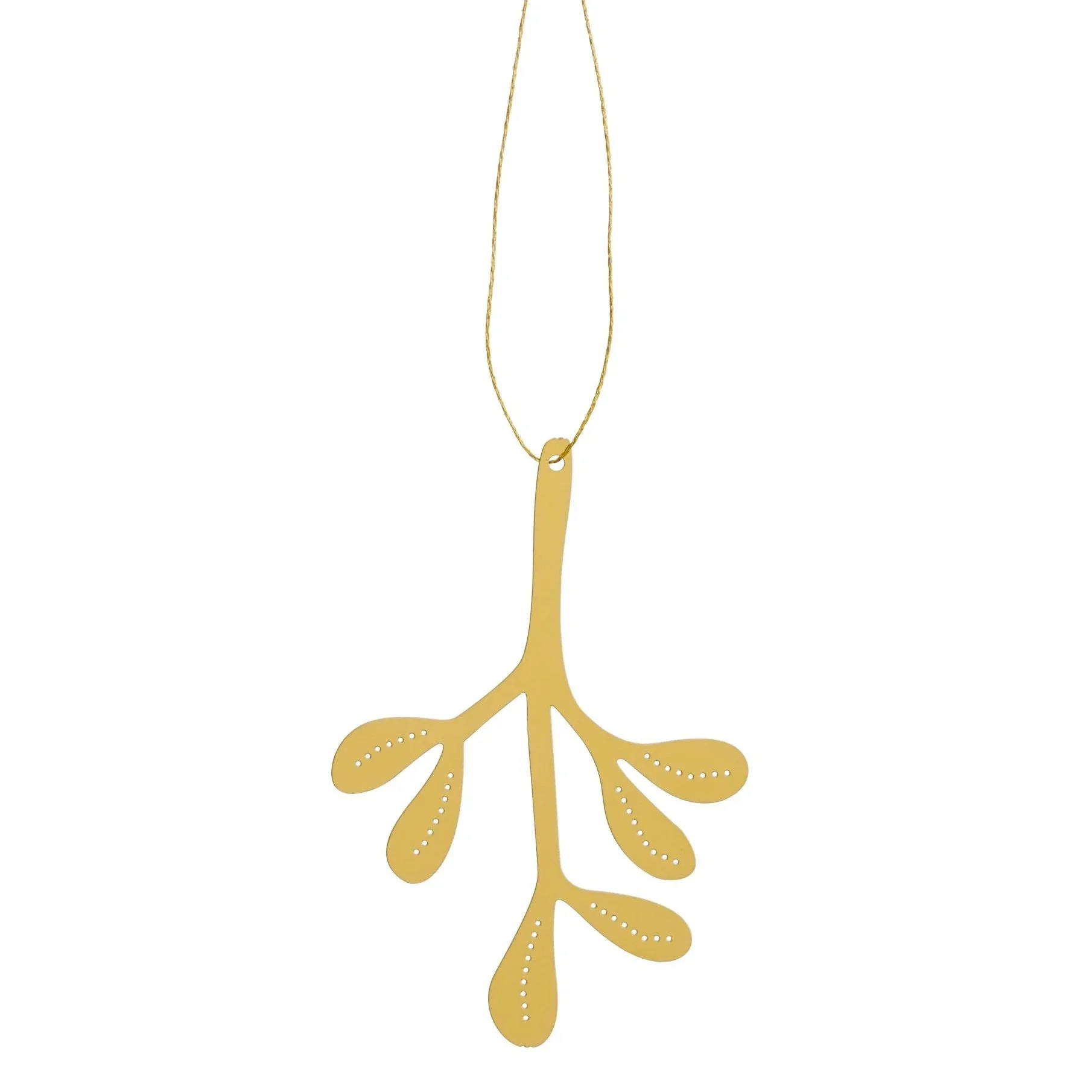 Mistelzweig-Anhänger von Cooee in Messingfarbe mit goldenem Aufhängeband, Weihnachtsdeko aus Edelstahl, freigestellt auf weißem Hintergrund